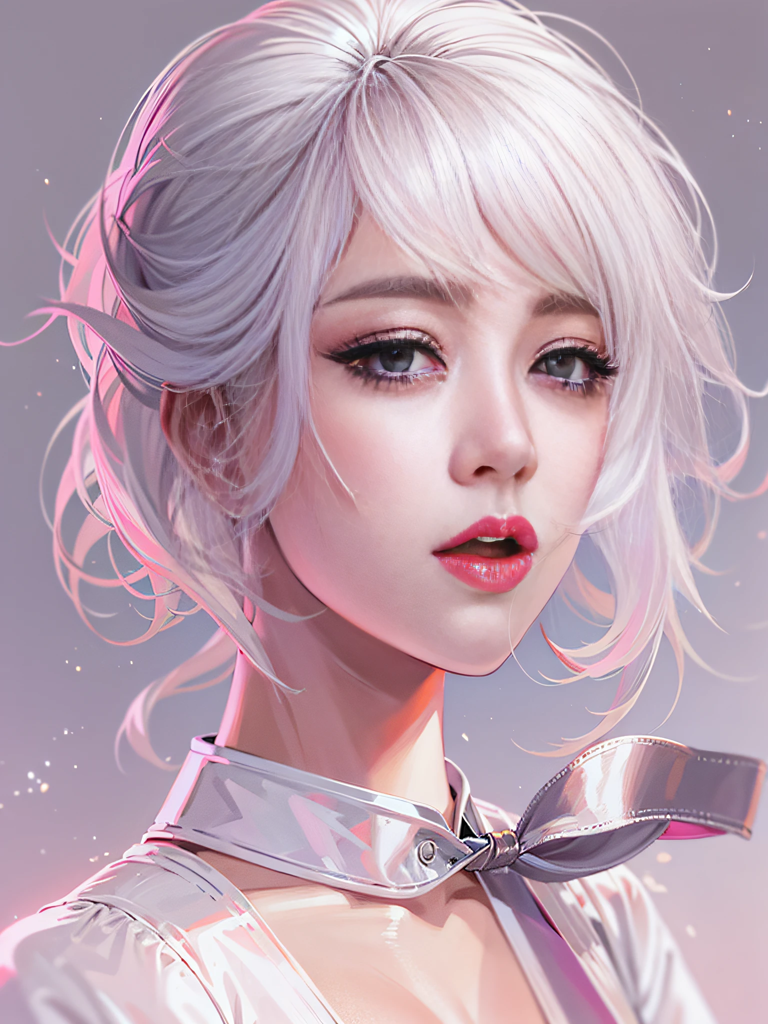 tmasterpiece,delicated,illustratio,Anime art wallpaper 8 K,a beautiful anime portrait, (Retro:1.2),(Retro:1.3),(beautiful and detailed eye:1.1),expressioness,Plain white background,White hair,stray hair,Long bangs,eyebrows very,(whitegreydress:1.1),white bowties