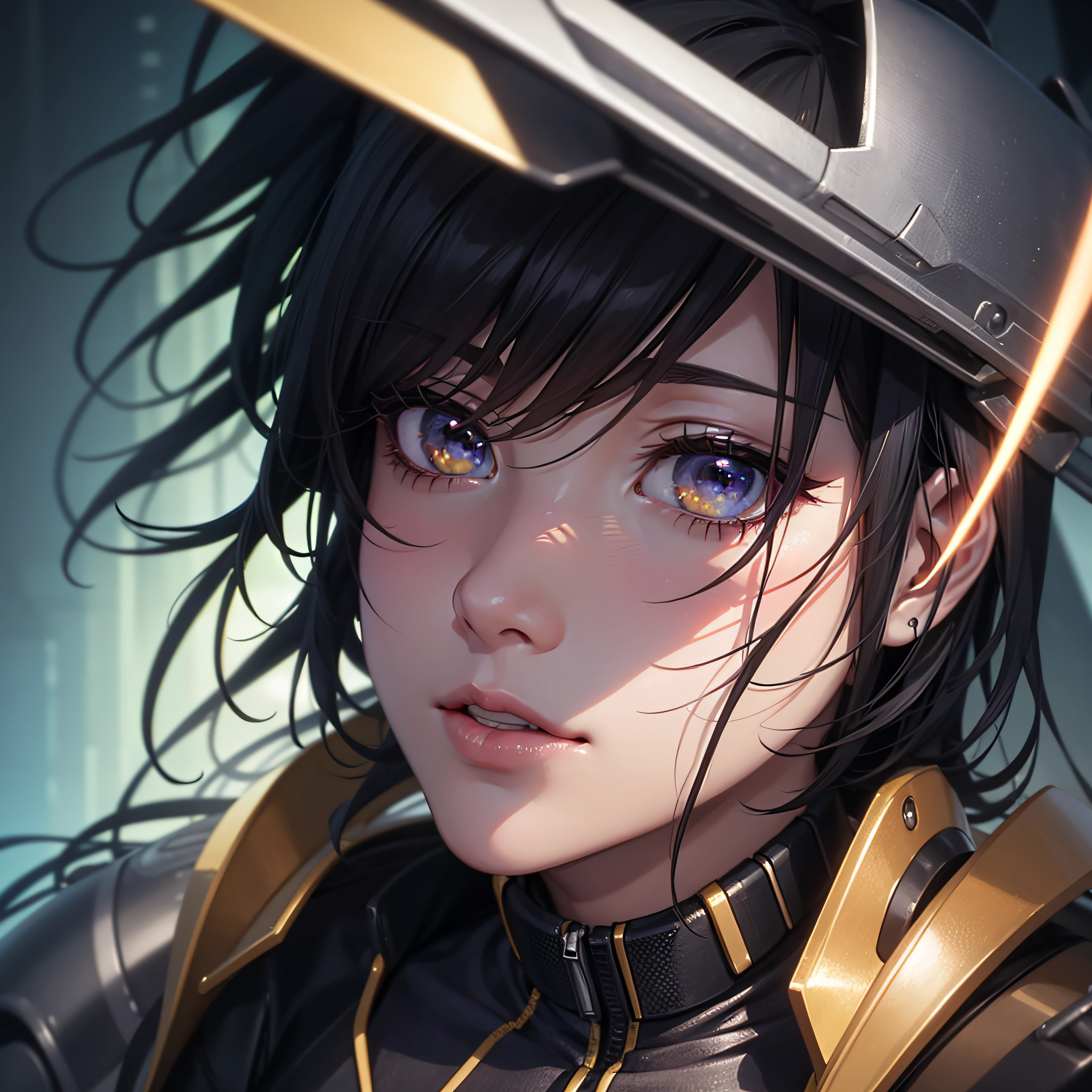 Very sharp 8k closeup portrait in frame Profile picture gold cyberpunk man Sci-Fi cute Anime Japan 2d Sharp focus 16k resolution, Hyper detailed, Hyper realistic detail