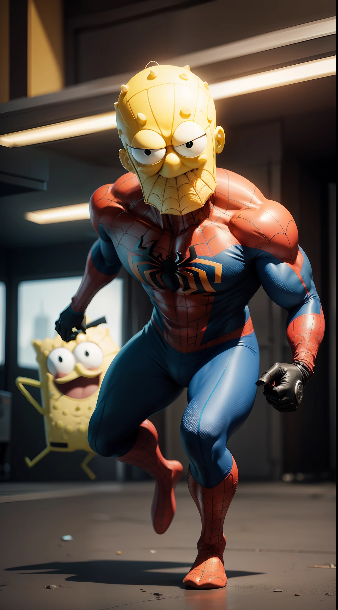 Spongebob squarepants character wearing spiderman costume, 4k, realistic, charismatic, highly detailed, full body