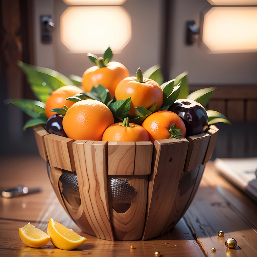 basket of ripe Montenegrin tangerines in a balanced and artistic composition, uma delas semi descascada,cores vividas,detalhes  intrincados ,masterpiece,clarity 8k,  Ultra-HD resolution, depth mapping, advanced shadow rendering, high polygon count, reflective surfaces, motion blur on sparking electricity, volumetric lighting, detailed texture work, --auto --s2