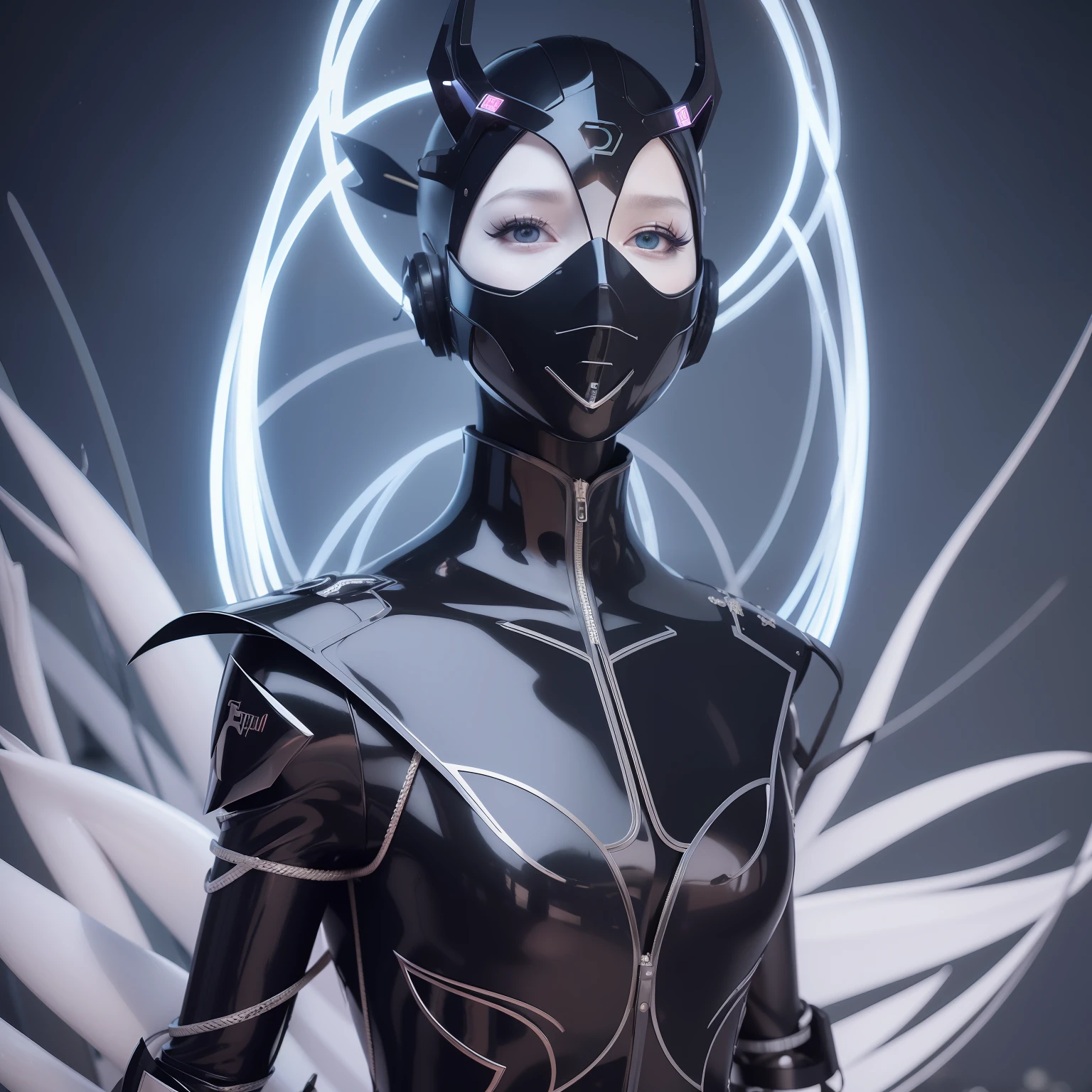 a person wearing a mask, cyberpunk art, by Hedi Xandt, fantasy art, the non-binary deity of spring, dark moody monochrome colors, angelic halo, torus energy, rendering of beauty pageant, style of ian hubert, black mecha, spiralling, fairy cgsociety, 3 d design, restrained. bloom
