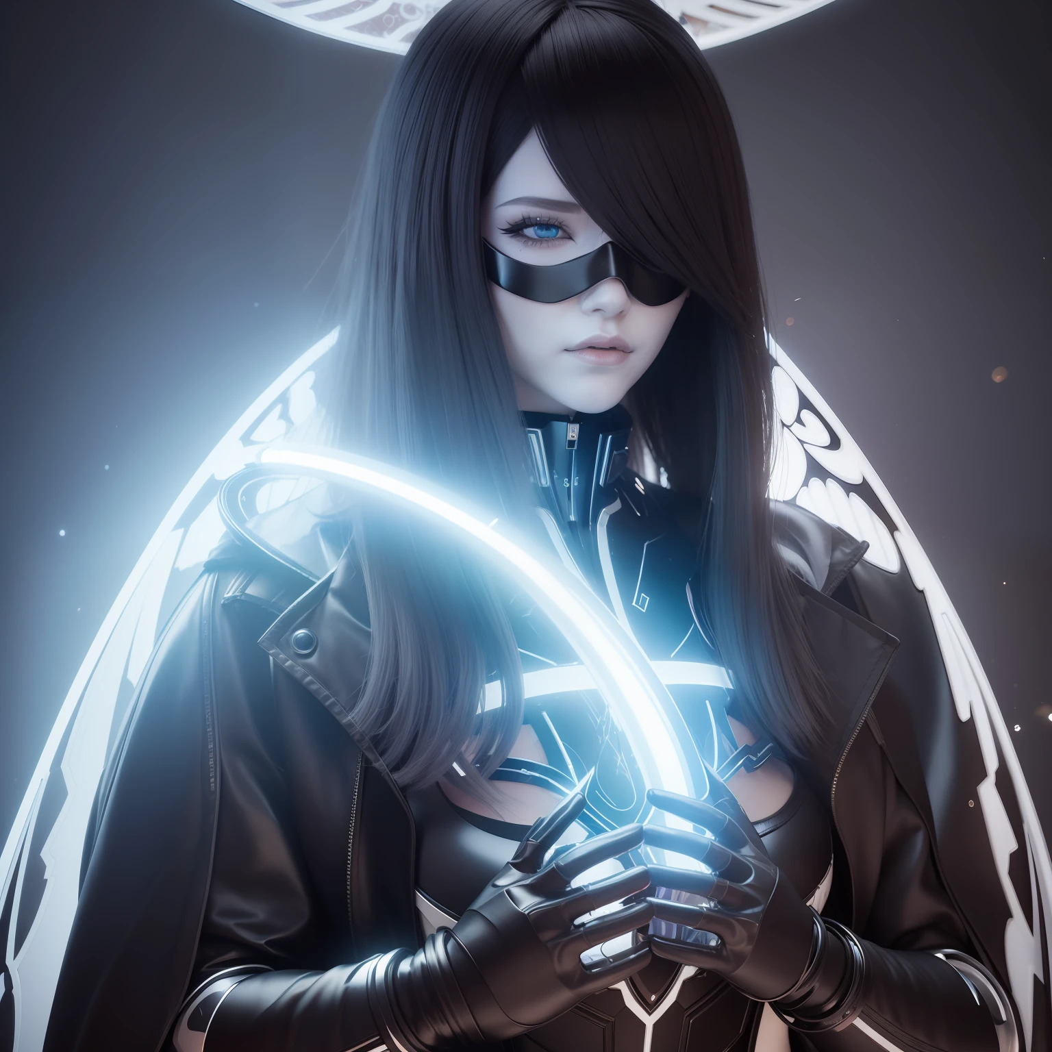 a person wearing a mask, cyberpunk art, by Hedi Xandt, fantasy art, the non-binary deity of spring, dark moody monochrome colors, angelic halo, torus energy, rendering of beauty pageant, style of ian hubert, black mecha, spiralling, fairy cgsociety, 3 d design, restrained. bloom