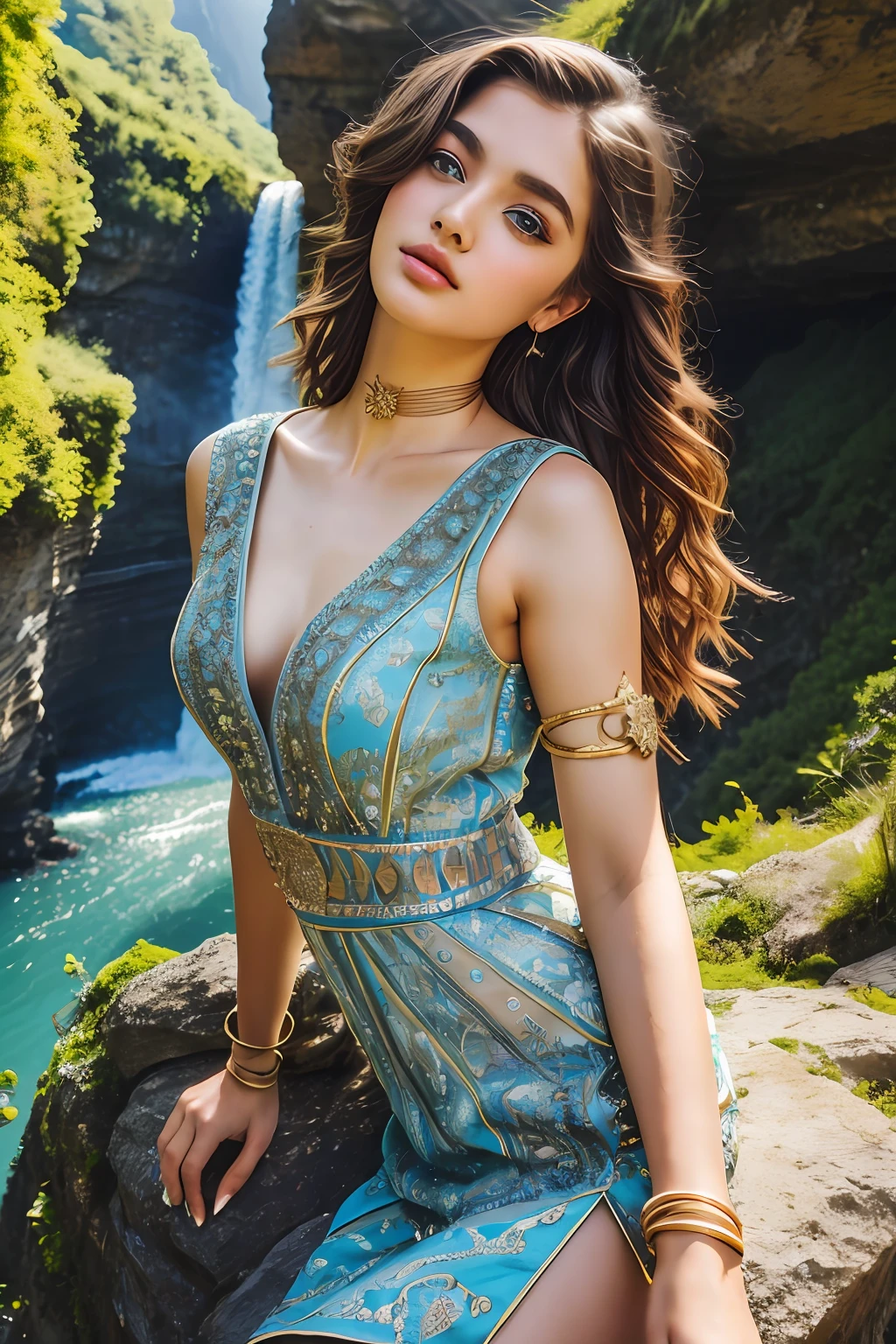 8K Raw photograph,2girls,duo,{2 beautiful women}, best qualtiy,Masterpiece, 超高分辨率,filmgrain,cinematic ligh,looking at viewert,Natural skin texture,Realistic Eyes and Face Details,((Realistic:1.5)),Ulzzang-6500:1.4,((Best quality)), ((Masterpiece)),((Detailed)),(Upper body:1.3),Hug and touch each other, Tease your friend's waist, Breathless friends, Biting a friend's earlobe, crouched,super wide shot,Face focus, Long legs,Curvy, Barefoot,Wide hips, Thin legs, Oversized eyes,Long eyelashes, (Detailed face,beautidful eyes, detailedpupils,detailed clothes features, Clear background:1.3), (armlets, bangle:1.3), Mysterious ancient ruins, floresta exuberante, Deep canyon,bridge,River,cliff,Cloud,lakes,Rock music,Waterfalls, Flowers, Grass,grape trees,tree,bright detail,Sharp,Perfect compounding, Intricate, Sharp focus, Dramatic,