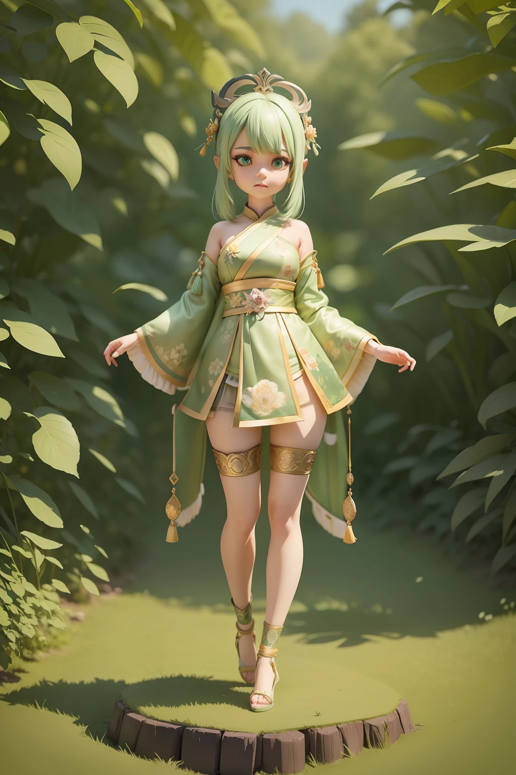 Nasida in the Genshin game!!!Full body,Green hair,Nice big eyes,exquisite facial features,Wear beautiful clothes and delicate shoes,standing on a stump,Light clay style,POP MART style,Hand puppets,China-style,super-fine,soft focus,OC rendering,3D,8K,HD clean background,hyper-detailing