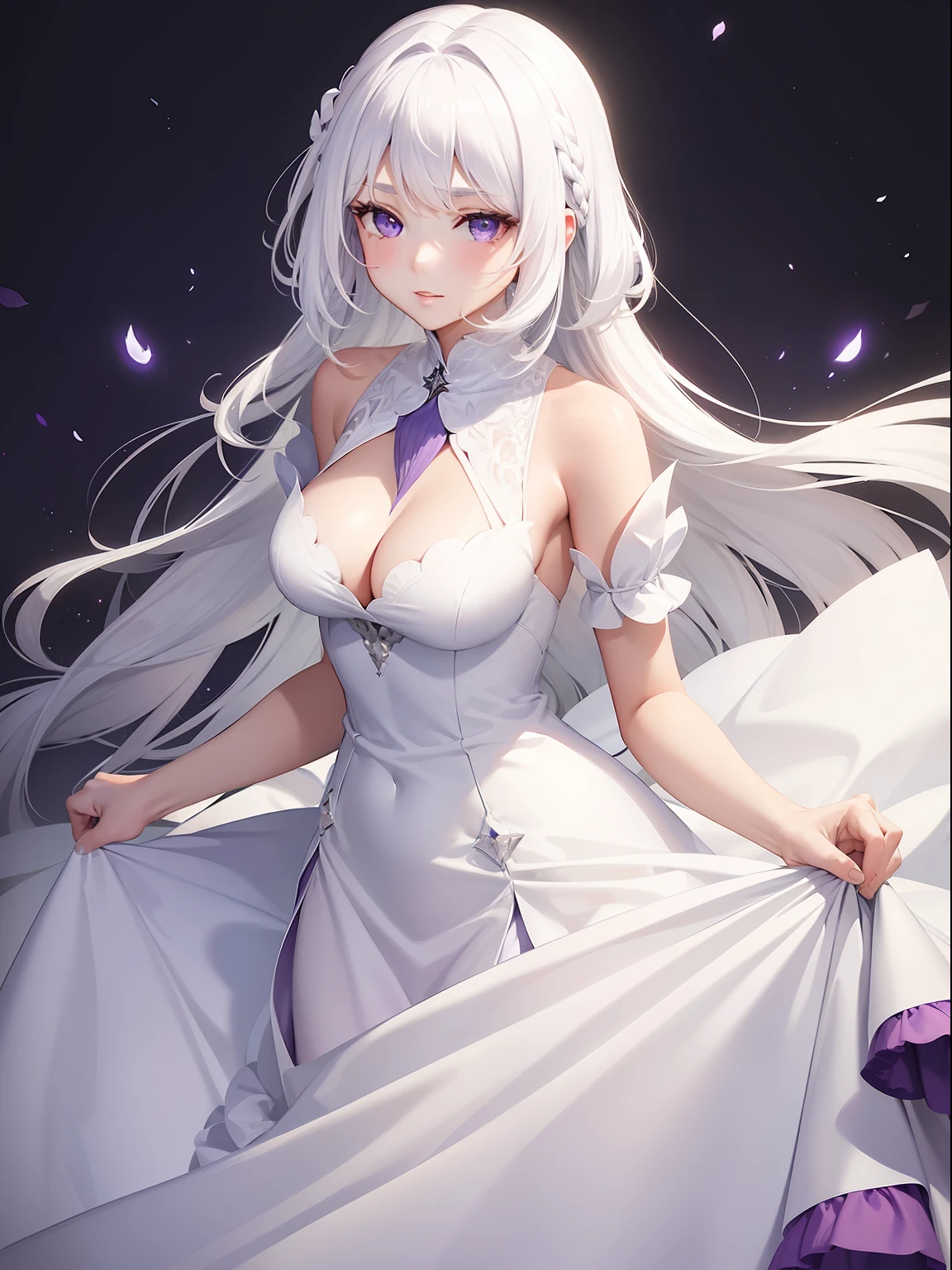 a women, white hair, purple eyes, white dress