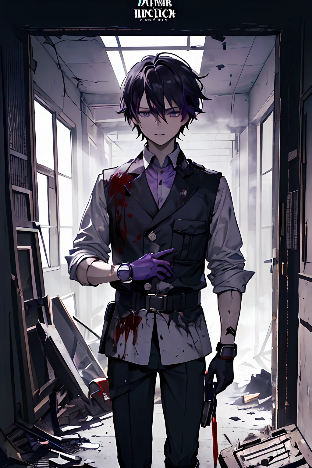 his clothes are stained with blood. the gloves are black