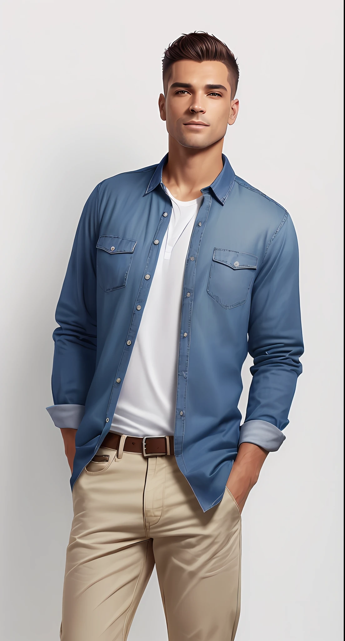 A man in a white shirt and khaki pants standing with his hands in his pockets, button - up shirt, wearing a shirt and a jeans, button up shirt, Camisa da marinha, Camisa azul escura, Camisa azul, wearing a dark shirt and jeans, Camisa, roupas casuais modernas, vestindo Camisa, summer shirt, Estilo Greg Rutkowski, Camisa de gola