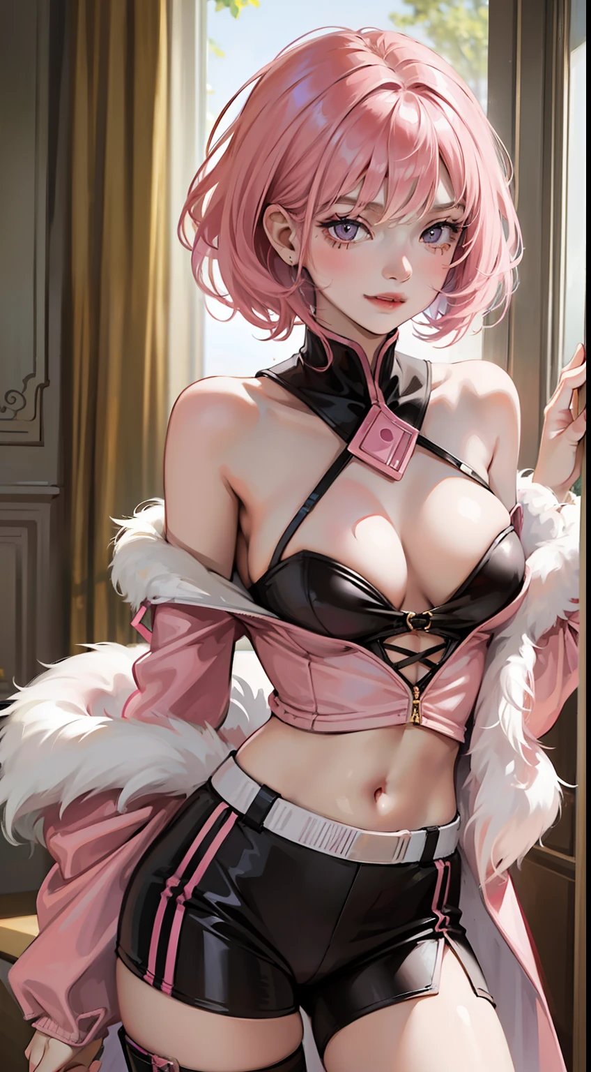 young girl, short pink hair, pink eyes, Pink Assassin's Clothes, open breasts, smirk, Masterpiece, hiquality