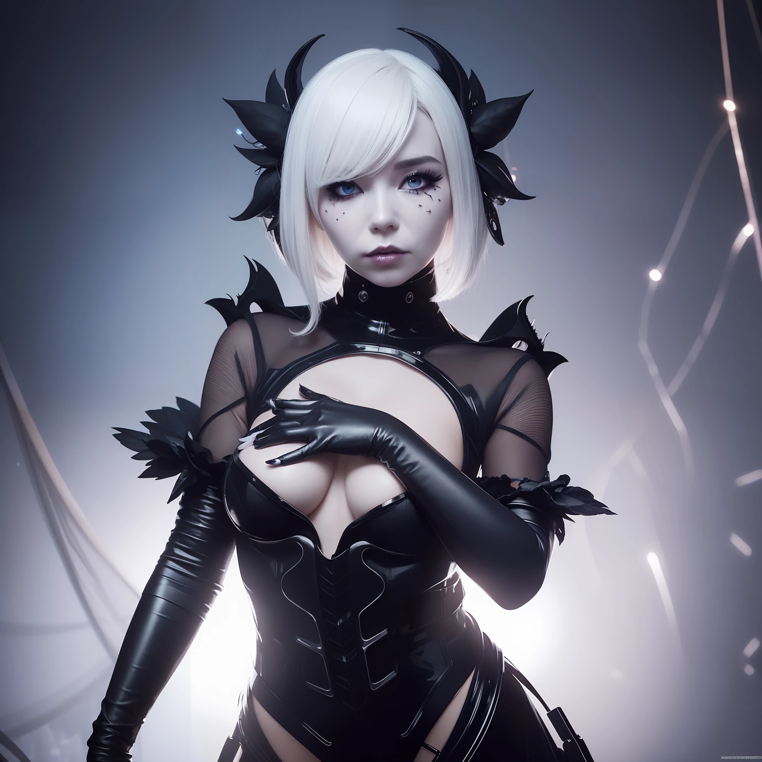 there is a woman with a white mask and a black dress, nick knight, cyberpunk flowerpunk, futuristic look, dreamworks animated bjork, birch, intricate cyberpunk make - up, cosmic bjork, natalie shau, fashionable futuristic woman, three point lighting bjork, vespertine, futuristic and ethereal, gothic and futuristic, art nouveau octane render