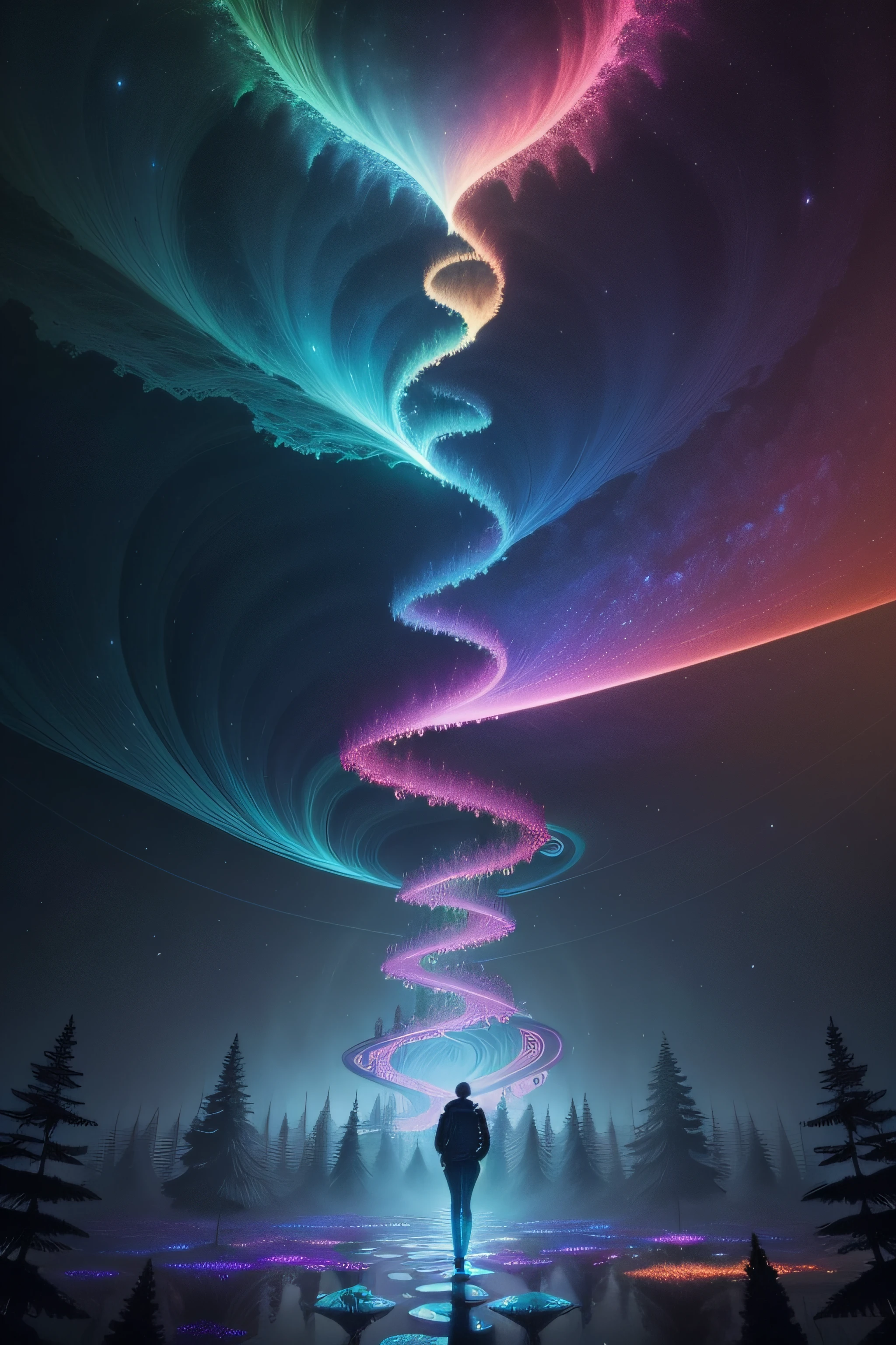 Incredible and spectacular scene, a "((high quality)), (detailed)), ((fantasy)), illustration, perspective (45 degree tilt angle), theme (enchanted forest style), scene elements (handsome boy), picture quality (3D rendering effect), exquisite details, beautiful lights "emerge from glowing clouds, fractal nebula lines, cosmic entities, celestial bodies, universes, vibrant and vivid, swirling, rotating, impractical, high contrast, co-metabolic, magic mushrooms,mysterious, mysterious, surreal, Oversaturated, colorful