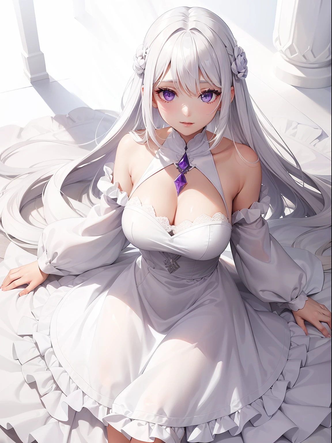 a women, white hair, purple eyes, white dress