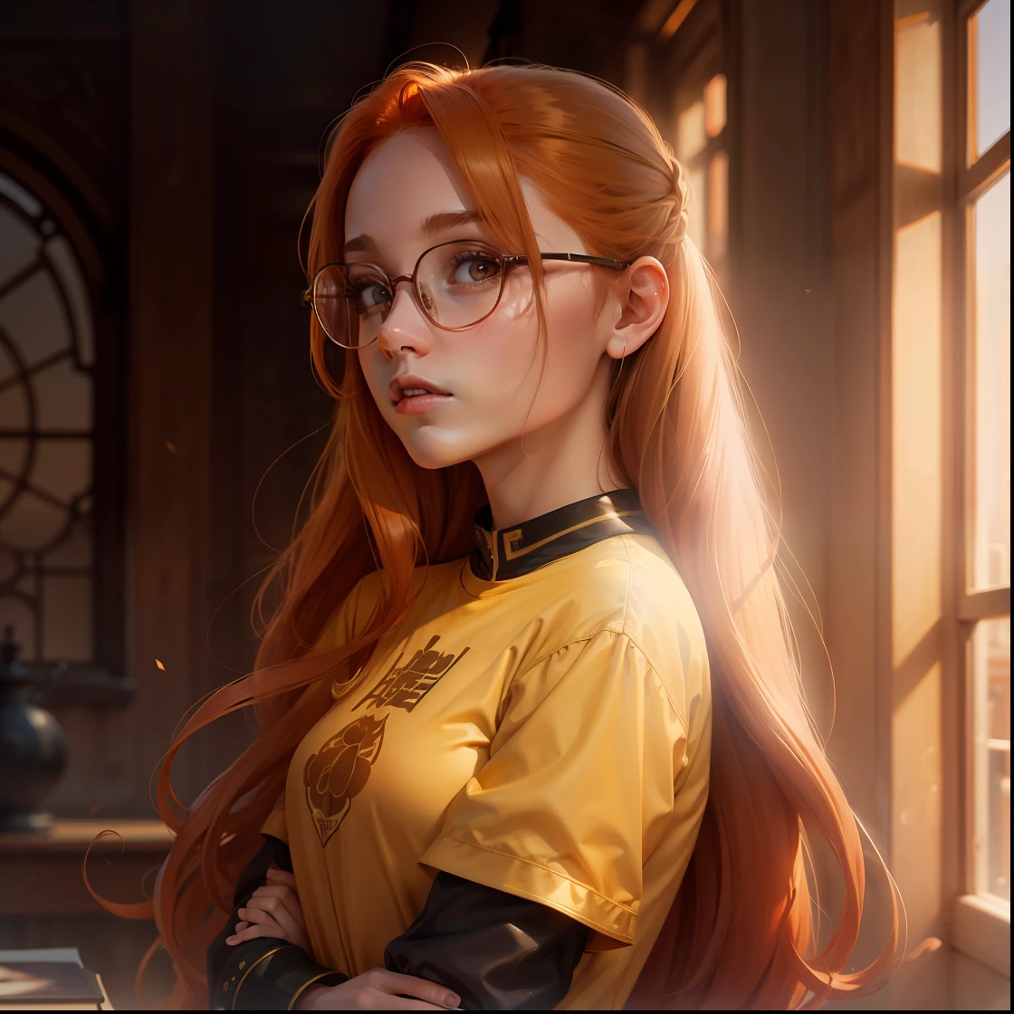1 girl, ginger, perfil, long hair, round glasses, golden hour light