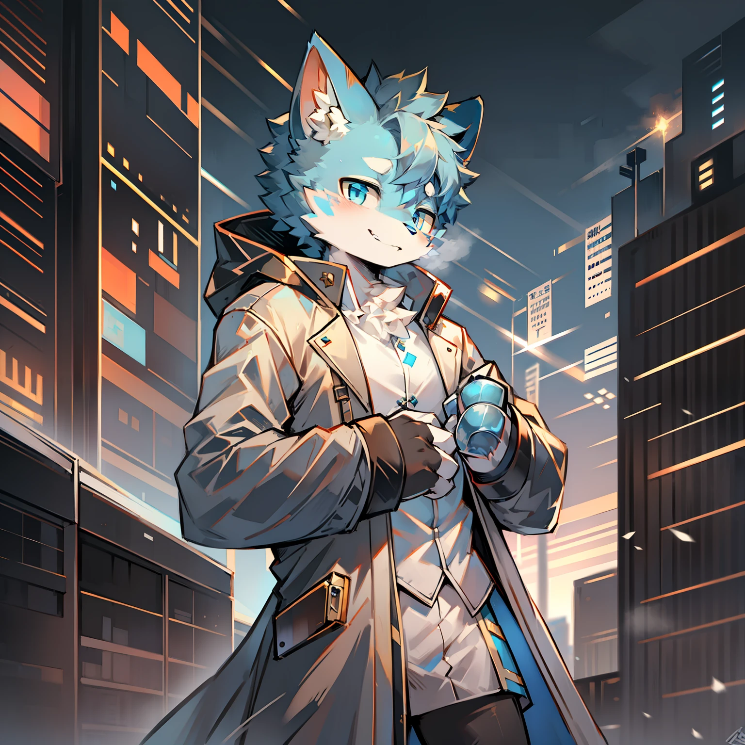 Cybermetropolis，Thunder，drifting snow，Male blue cat，Electronic left eye，Chinese trench coat