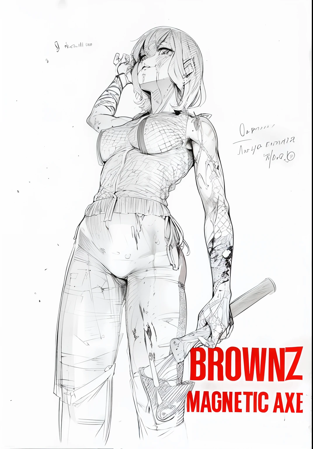 Color the line art of this drawing, with manga style. Her skin is honey dark, and covered by some spots of blood.