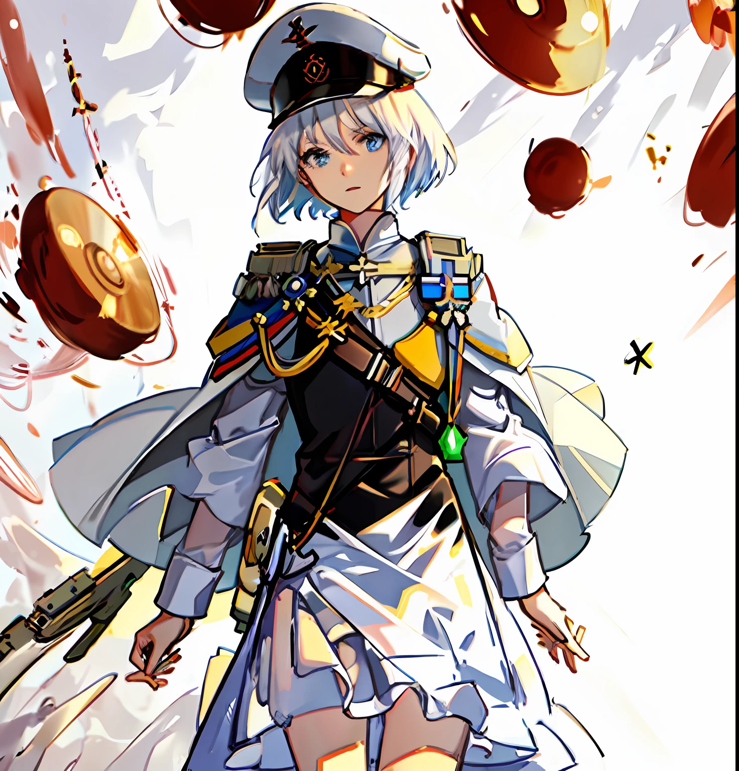 with short white hair,Kizi,Light green military uniform,White cape,Rank of Major General,flatchest,The white large-brimmed hat has a red star