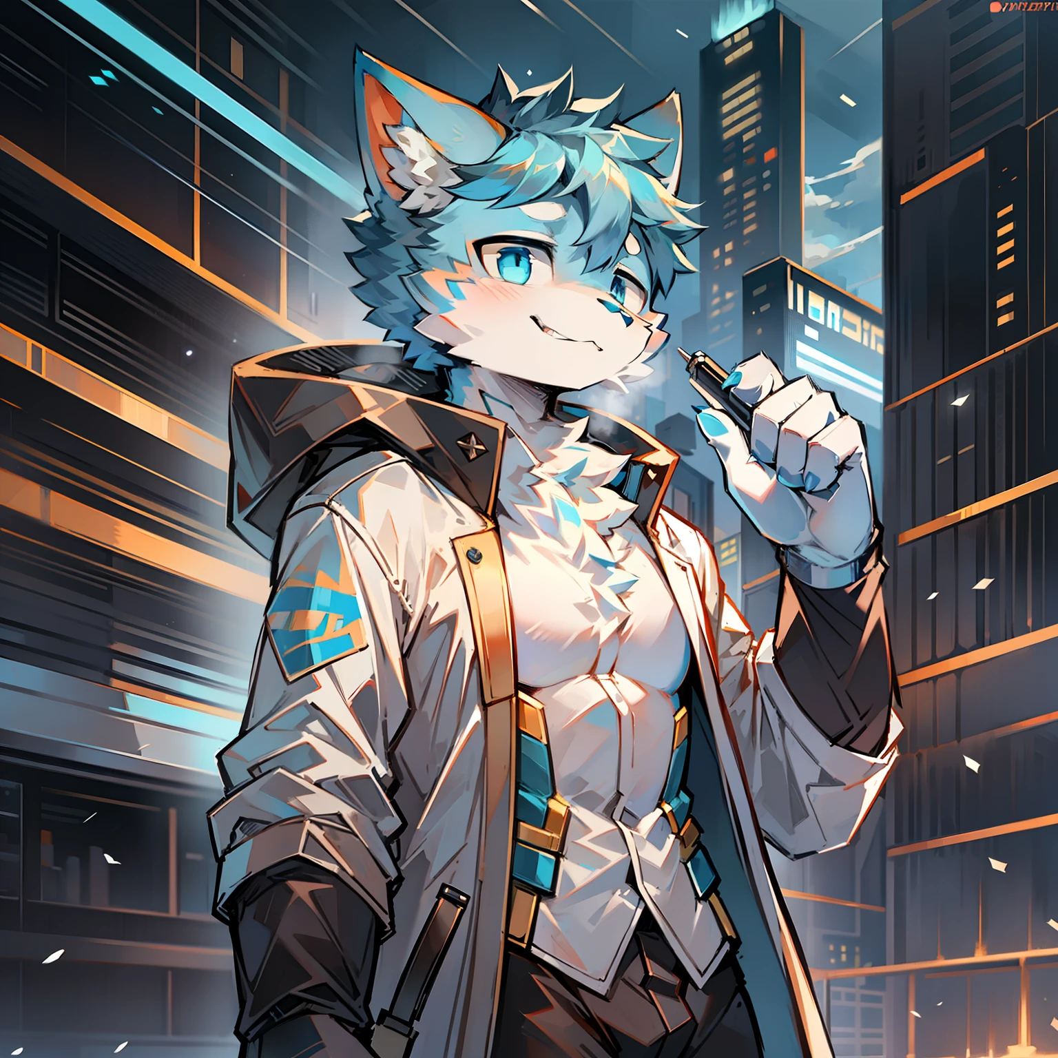 Cybermetropolis，Thunder，drifting snow，Male blue cat，Electronic left eye，Chinese trench coat