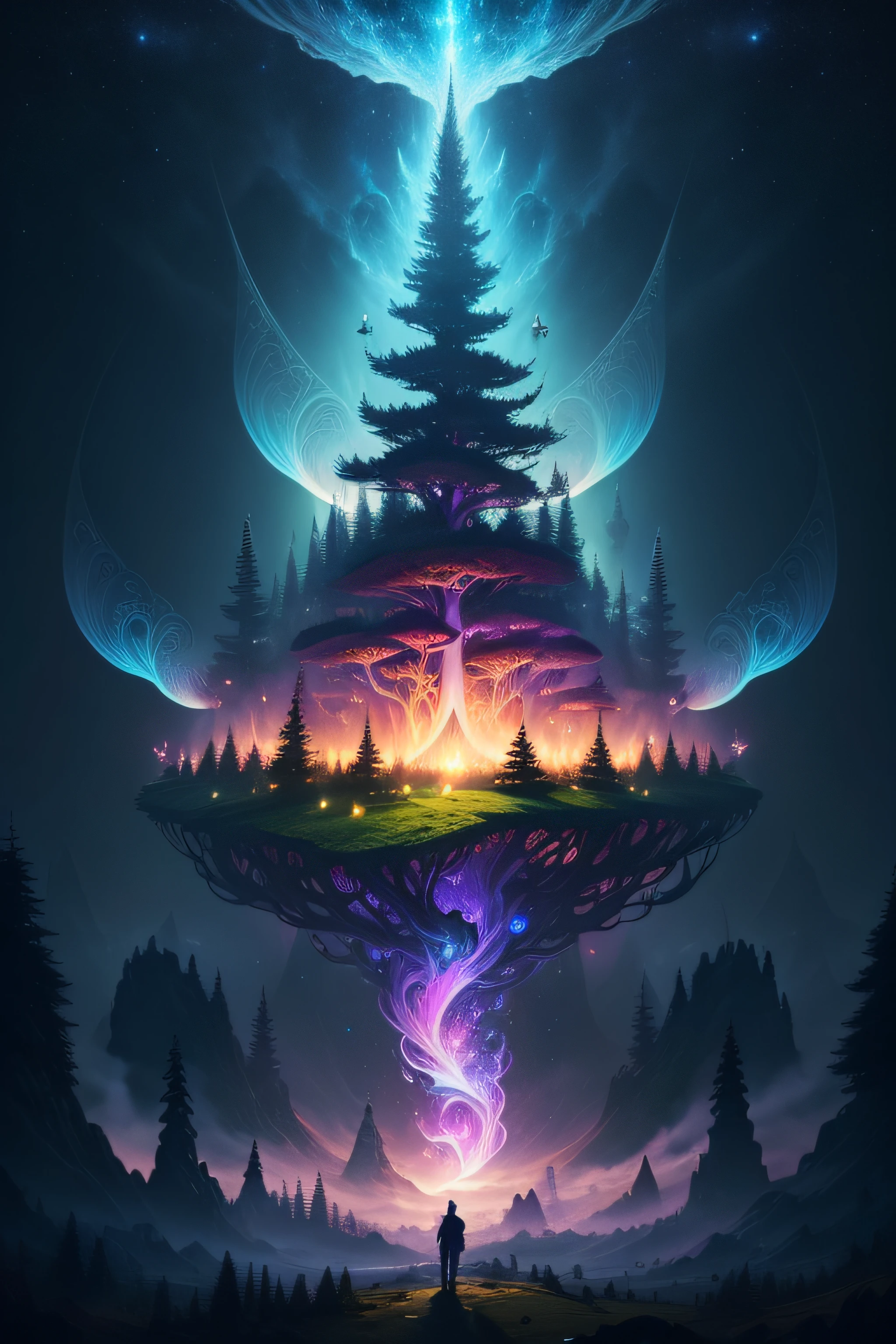 Incredible and spectacular scene, a "((high quality)), (detailed)), ((fantasy)), illustration, perspective (45 degree tilt angle), theme (enchanted forest style), scene elements (handsome boy), picture quality (3D rendering effect), exquisite details, beautiful lights "emerge from glowing clouds, fractal nebula lines, cosmic entities, celestial bodies, universes, vibrant and vivid, swirling, rotating, impractical, high contrast, co-metabolic, magic mushrooms,mysterious, mysterious, surreal, Oversaturated, colorful