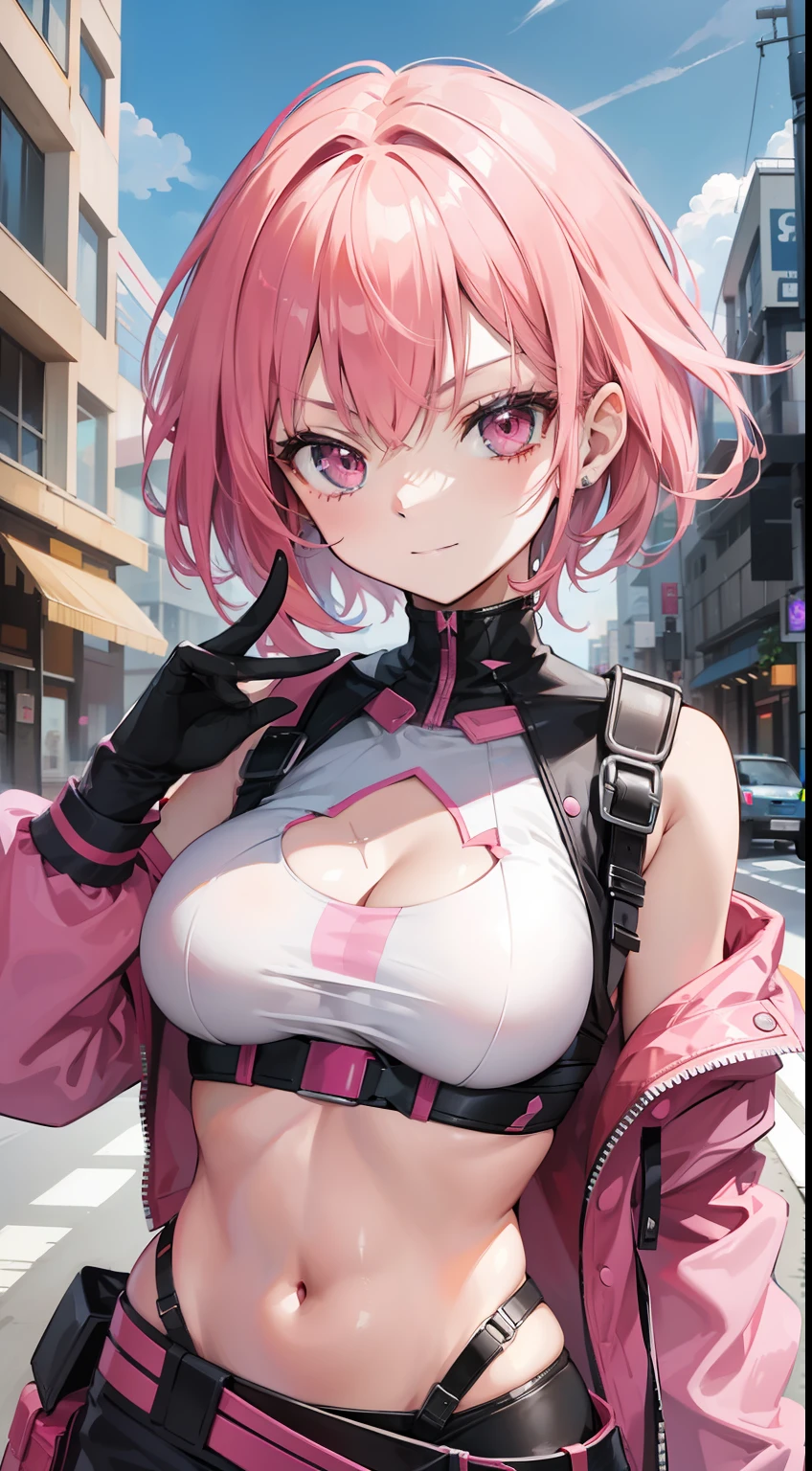 young girl, short pink hair, pink eyes, Pink Assassin's Clothes, open breasts, smirk, Masterpiece, hiquality