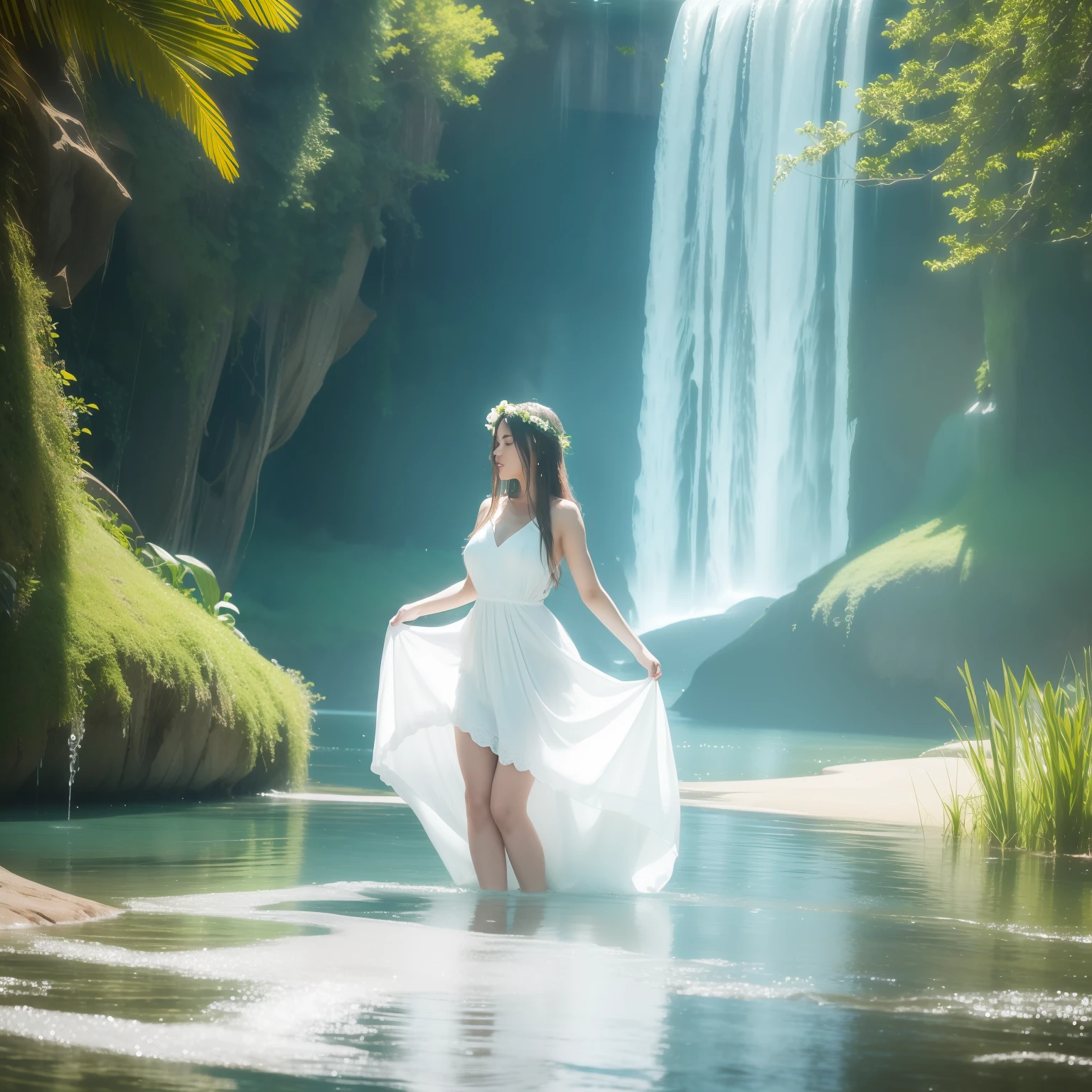 arafed woman in a white dress standing in a body of water, in water up to her shoulders, wearing a wet white short dress, nymph in the water, wearing a dress made of water, dress made of water, in a lake, in the water, in water, water fairy, gorgeous woman, ethereal beauty, beautiful goddess, beautiful model