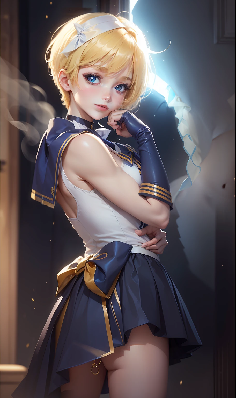 sailor_senshi_uniform、solo、blue_sailor_collar、ten'ou_haruka、sailor_uranus、short_hair、rating:safe、blue_skirt、skirt、1boy、shoun、Beautiful Boys、Handsome、a high school boy、genderswap、genderswap_(ftm)、blonde_hair、magical_warriors、flat_chest、flat_breasts、very_short_hair、white_gloves、back_bow、blue_choker、bow、choker、gloves、shiny_hair、shiny、looking_at_viewer、blue_eyes、looking_back、night、pleated_skirt、smile、circlet、sleeveless、skirt_lift、yellow_breasts_ribbon、yellow_bow、parted_bangs、cowboy_shot、jewelry、standing、white_shirt、leotard、white_leotard、bare_shoulders、bare_leg、from_behind、blue_bow、