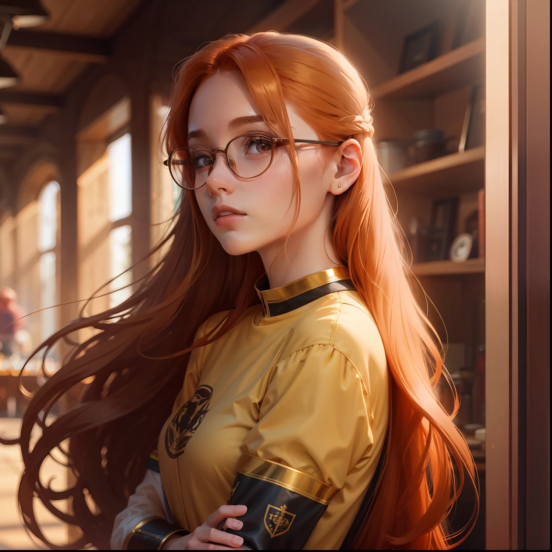 1 girl, ginger, perfil, long hair, round glasses, golden hour light
