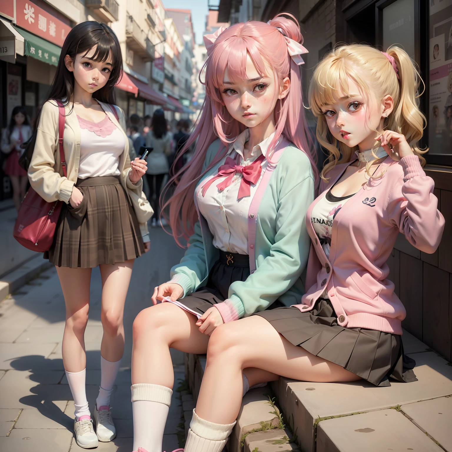 harems 13Year old girl Multiple girls are depicted 校服 blazers Cardigan hyperdetailed face Detailed skin top-quality Masterpiece 1.3 超A high resolution Huge Loose socks pink there a blond