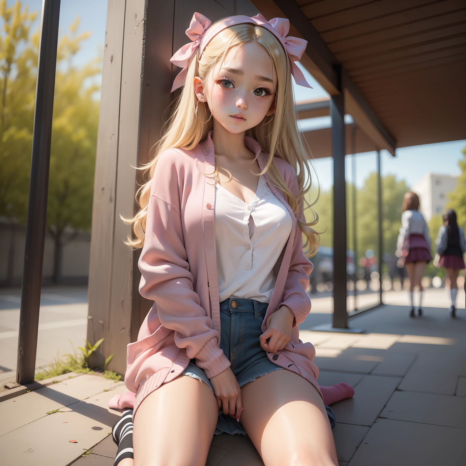 harems 13Year old girl Multiple girls are depicted 校服 blazers Cardigan hyperdetailed face Detailed skin top-quality Masterpiece 1.3 超A high resolution Huge Loose socks pink there a blond