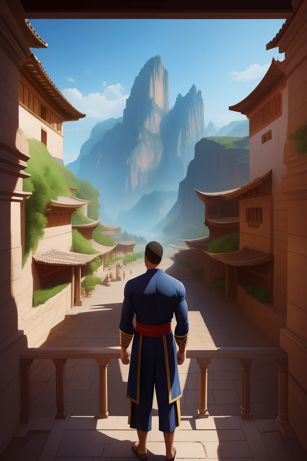 Masked actor playing in theatre podium, ancient buildings, pavilions, carved beams and painted buildings, beautiful mountains and rivers, inspired by Jin Yong martial arts, sunlight, ink painting style, clean colors, decisive cutting, blank space, freehand, masterpiece, super detailed, epic composition, high quality , highest quality, pixar style, oversaturated, surreal, artgerm --v 6