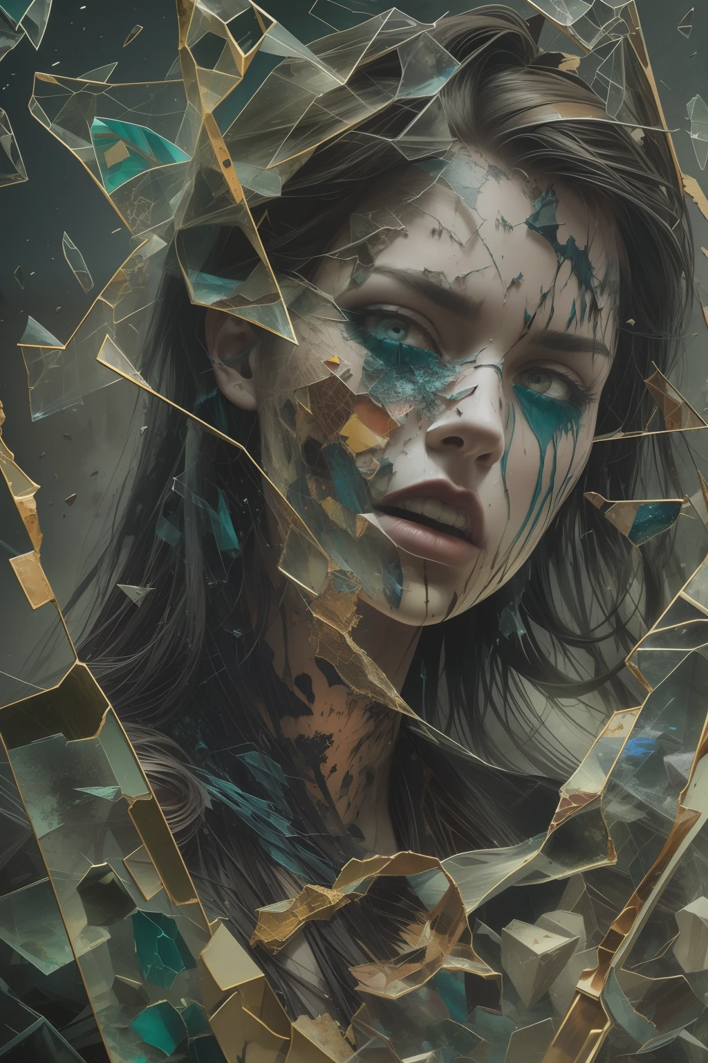 broken glass effect, rich deep color, corrupted photograph, pixel censorship, brush strokes, muted colors, paint splatter, a masterpiece, horror, terrifying, highly detailed, intricated pose, clarity, high quality, magic realism