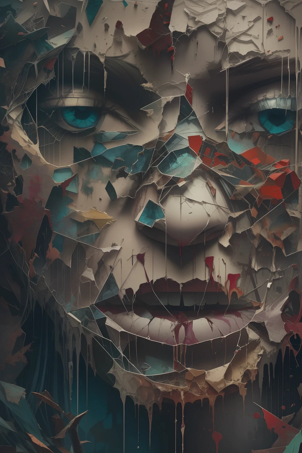 broken glass effect, rich deep color, corrupted photograph, pixel censorship, brush strokes, muted colors, paint splatter, a masterpiece, horror, terrifying, highly detailed, intricated pose, clarity, high quality, magic realism