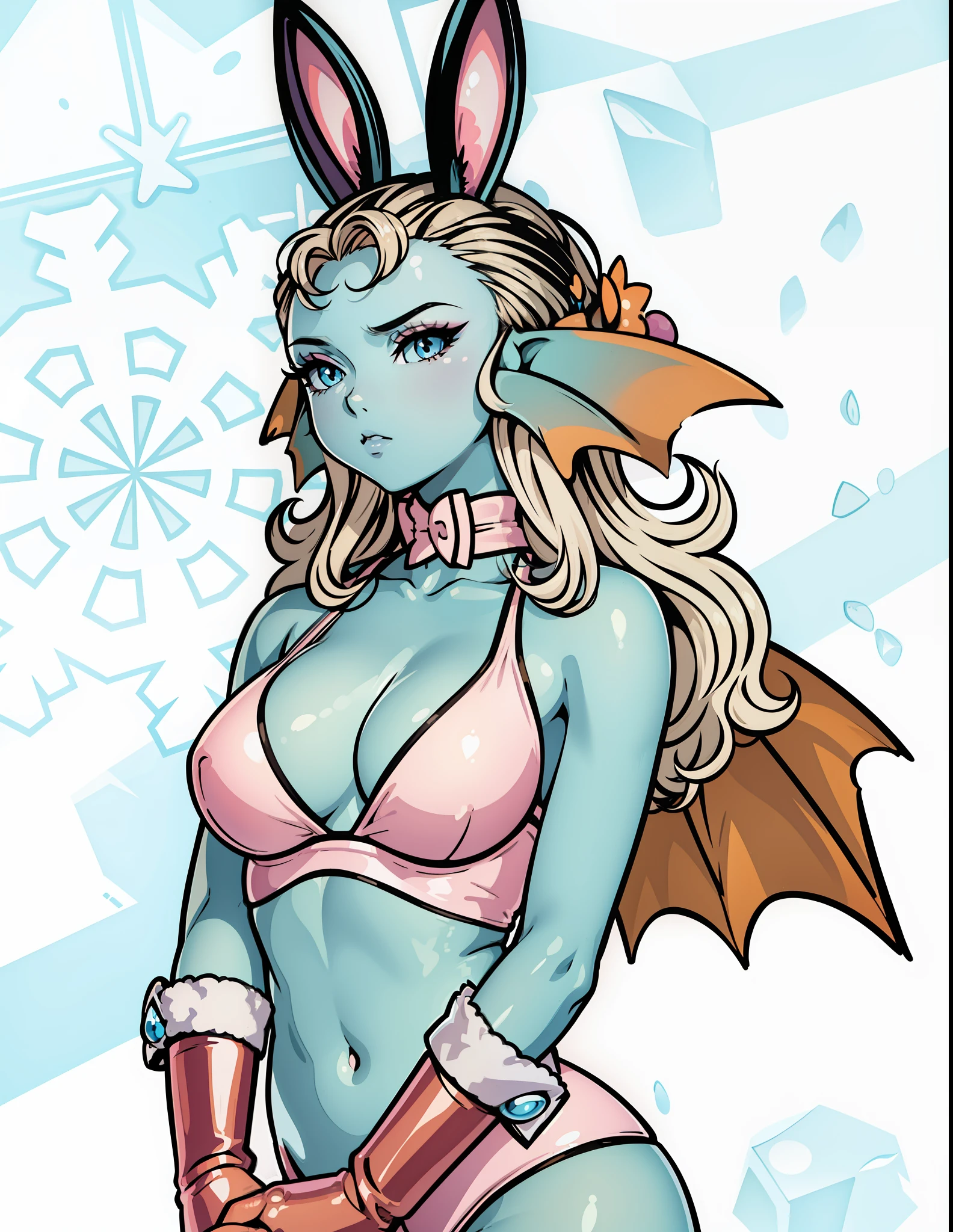 8K, High accuracy, Animated, married woman, Beautiful, a small face, Beautiful, Bright, Eye Highlights, Sexy, Erotic, beautiful line art.
light blue skin, Ears orange fin, Bunny Girl, Bunny suit、heavy make-up、