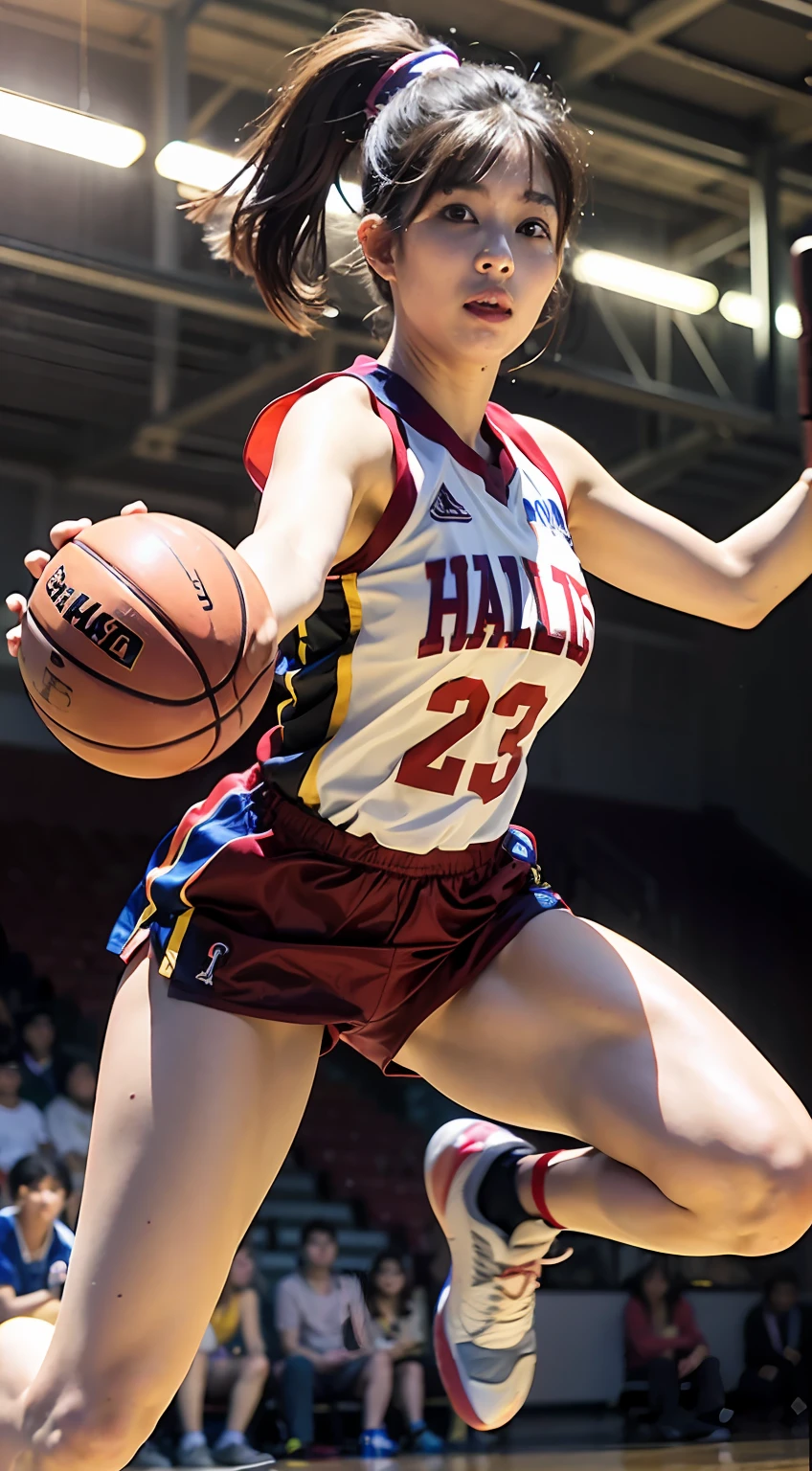 Bold poses、Cute idol woman in Japan、(basketball_uniform:1.Wearing 3)、Colossal tits、A face that fascinates photographers、red brown hair、short ponytail hair、Floating hair、 Good Hand、Jump high towards the goal、Extend the hand holding the ball high towards the goal ring、8K、hight resolution、masterpiece、top-quality、headw:1.3、Fine detailed skin、Sharp Focus、(电影灯光)、鎖骨、natta、Soft lighting、dynamic ungle、(((Inside the basketball court、)))Raw photo of the whole body、