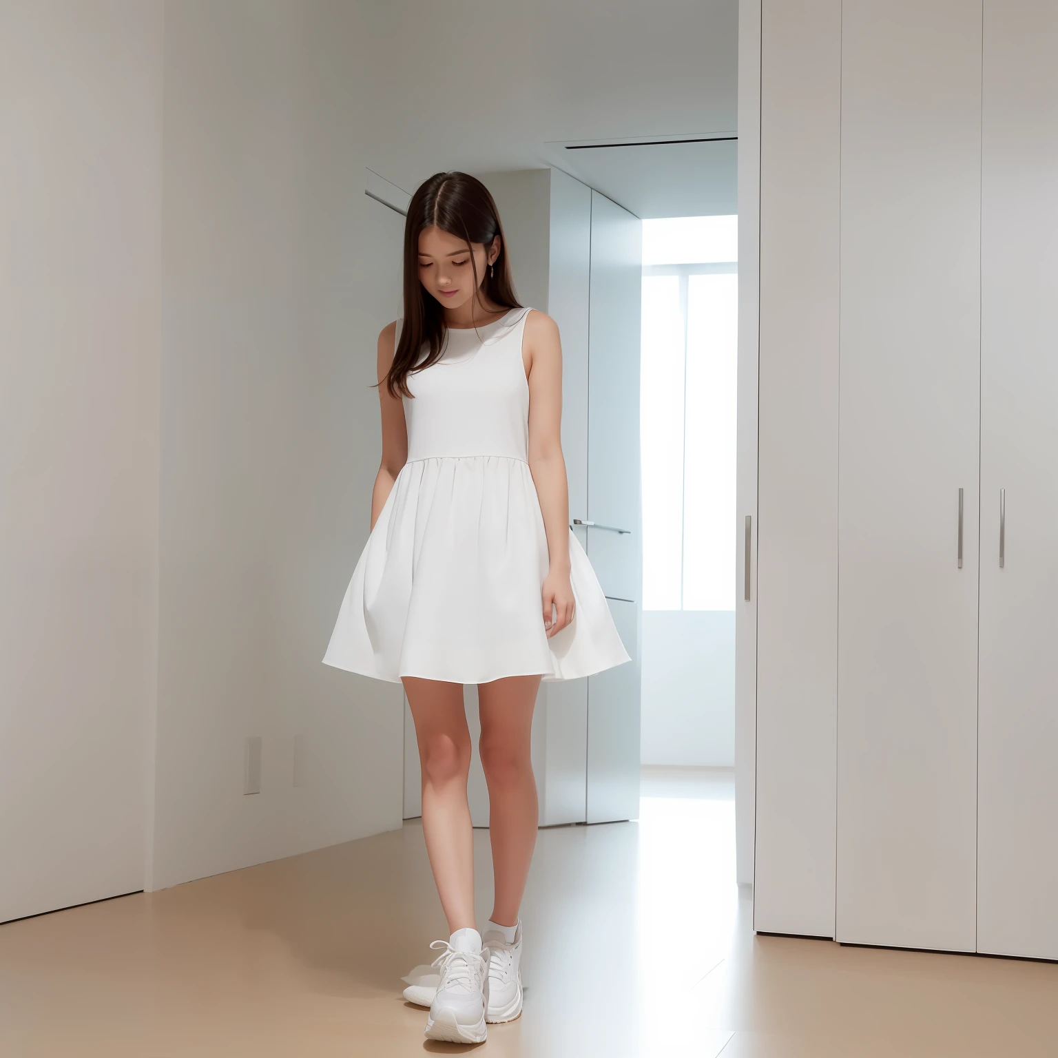 araffed woman in a white dress and sneakers standing in a room, wearing a cute white dress, wearing white dress, white dress, pretty white dress, wearing a white dress, white puffy outfit, full body white dress, simple dress, cute dress, wearing dress, nico wearing a white dress, elegant white dress, short dress, wearing along white dress