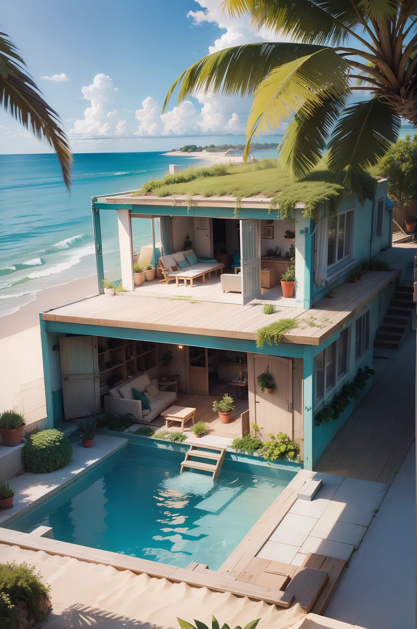 Aggrandir piscine, plus de plantes sur le toit et finir escalier,