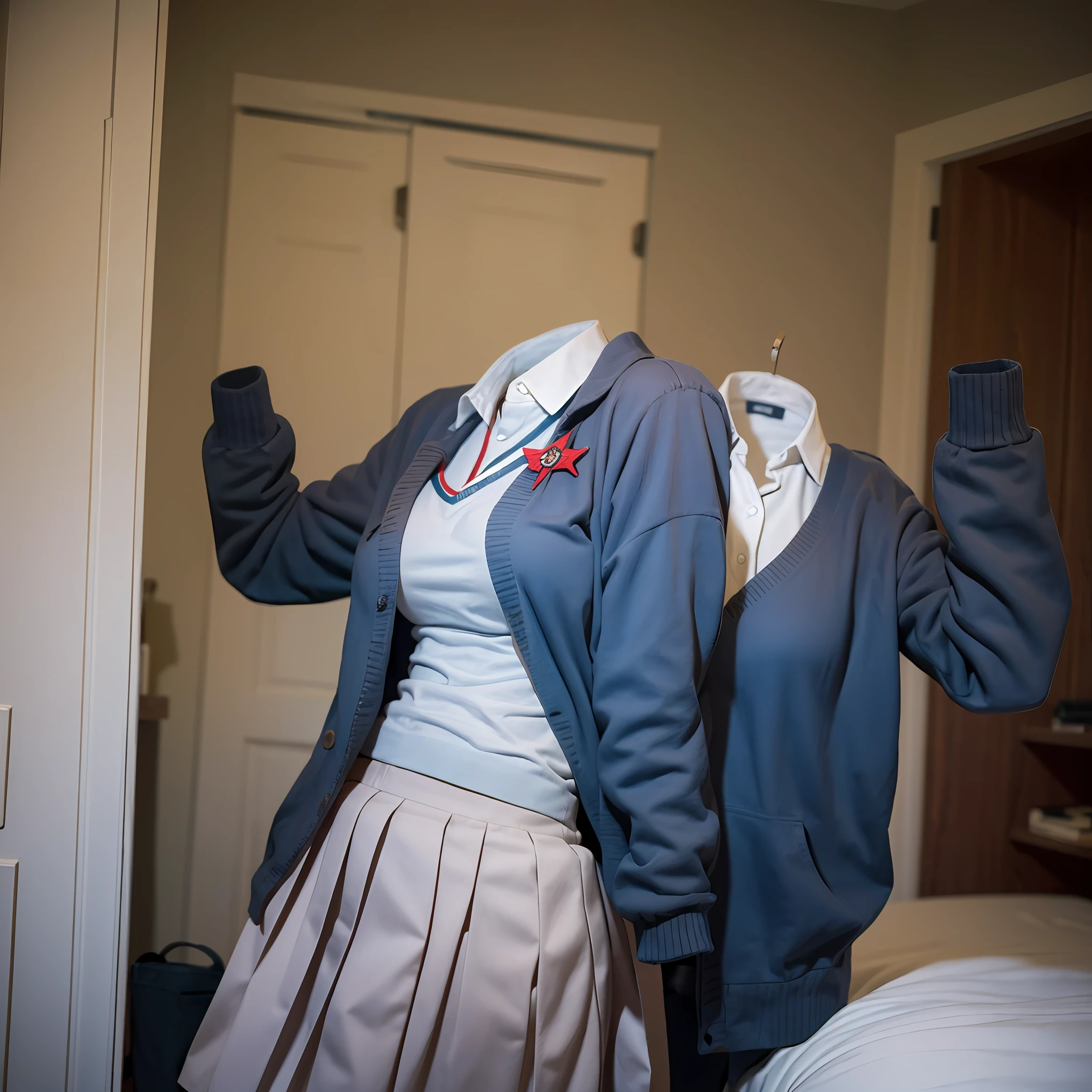 school uniforms on hanger: , (school uniforms on hangers swells as if worn by invisible girl), in the closet:4, ((invisible, no humans:1.5, headless:1.5, handless, legless)), big breasts, 
(8k, RAW photo, best quality, masterpiece:1.2), (realistic, photo-realistic:1.37),photon mapping, radiosity, ((Hasselblad photography)),physically-based rendering,
