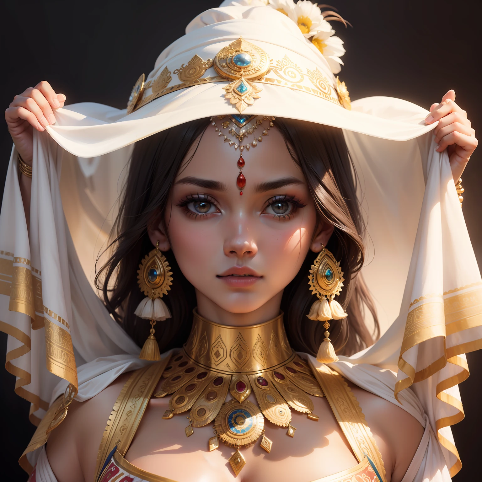 A pretty women, ancient indian costume, clear face, clean white background, masterpiece, super detail, epic composition, ultra HD, high quality, extremely detailed, 8k wallpaper, super detail, 32k, indian mythology