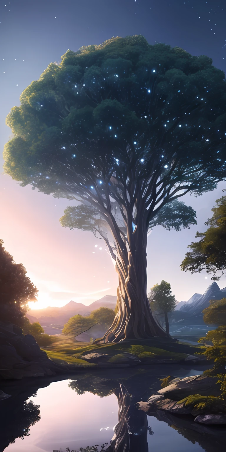 Illustration of a hyperrealistic , otherworldly, ultrasky scene featuring a giant crystal tree full body,very detailed and magical lighting, intricate forest details, vegetation and river around, solarpunk ,landscape, giant tree, beatifull leafy with beautiful lighting and realistic proportions, as if it were a cinematic background, 8k, highest quality, masterpiece, clouds and stars in the sky.
