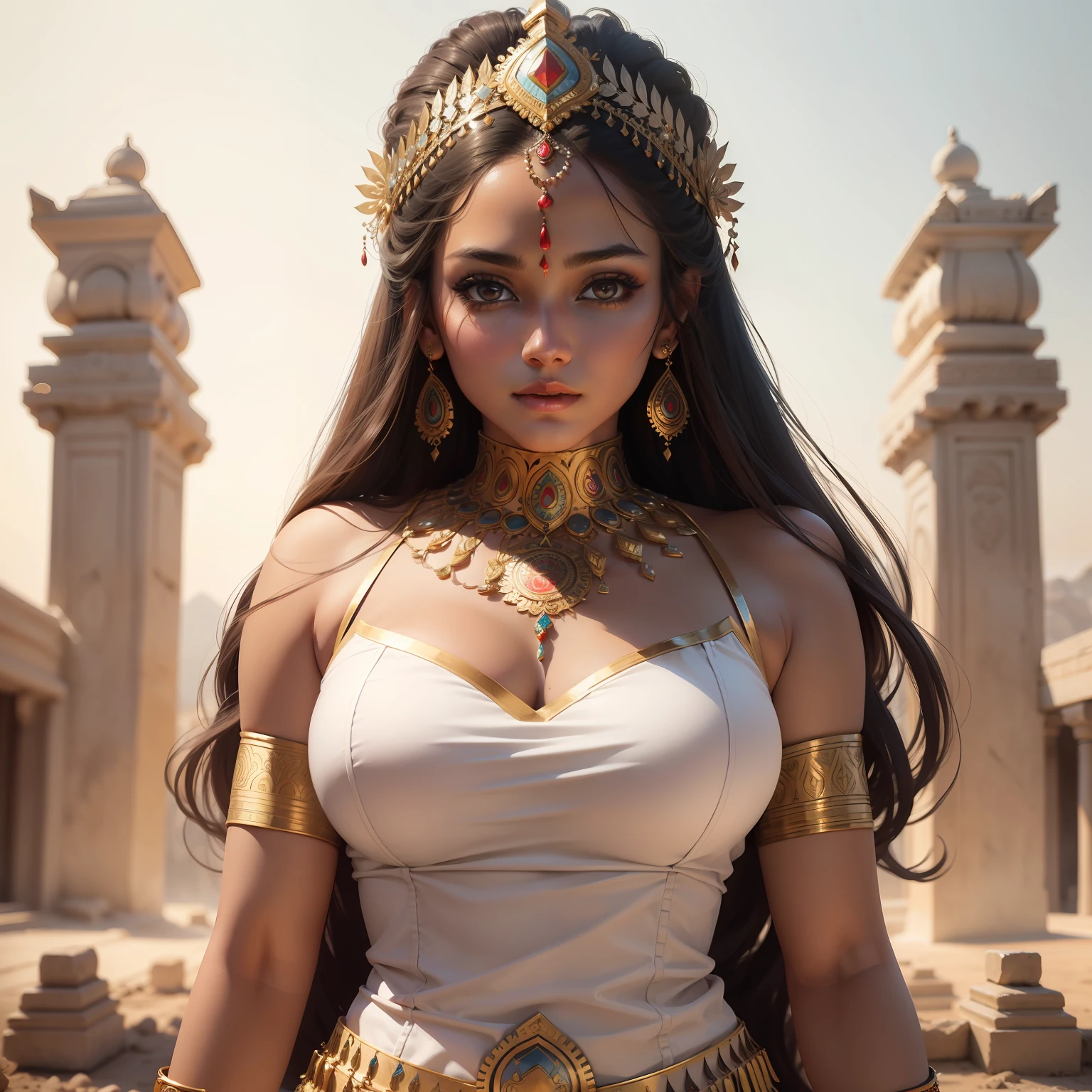 A pretty women, ancient indian  costume,  clear face, clean white background, masterpiece, super detail, epic composition, ultra HD, high quality, extremely detailed, 8k wallpaper, super detail, 32k, indian mythology