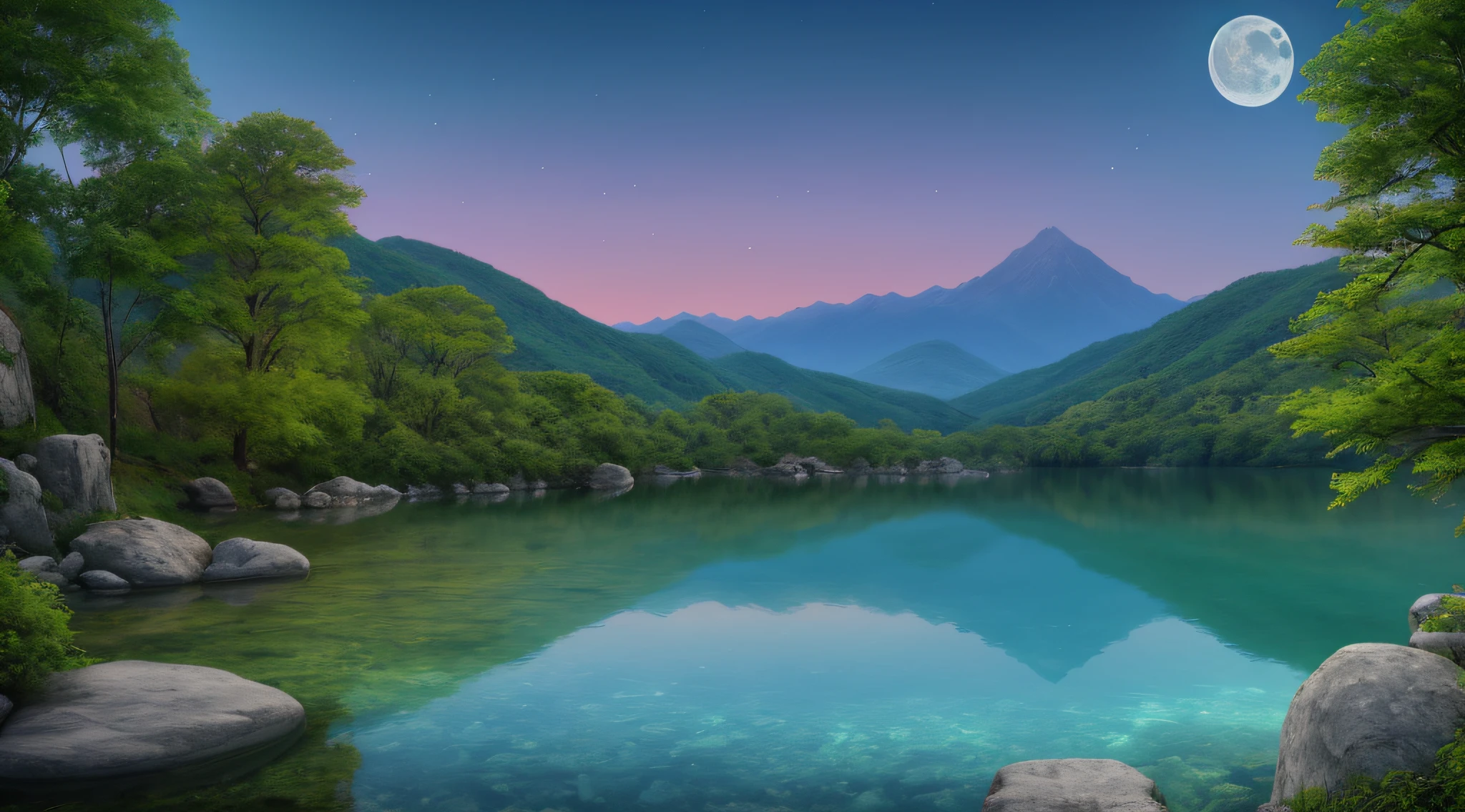 A peaceful place,the night,The moon hangs high,Very pleasant,aestheticly pleasing,serenidade,scenic view。realisticlying,8k uhd,Studio quality,Ultra photo realsisim,max detail,massive scale,post-proces,realisticlying,photographrealistic,photoshop,photography of,A detailed,cinmatic lighting,Soft and bright,scenecy,in a panoramic view,scenecy,Ray traching