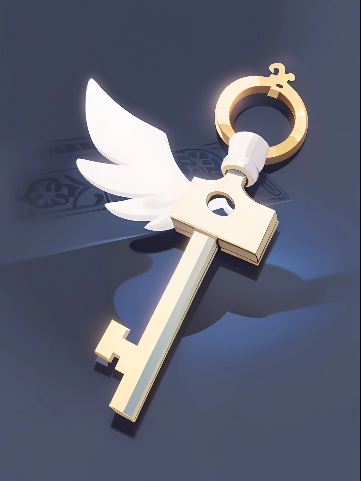 A game icon,A key with great detail,White predominantly,It has a blue ribbon on it,There are a few gold accents,Estilo de Makoto Shinkai