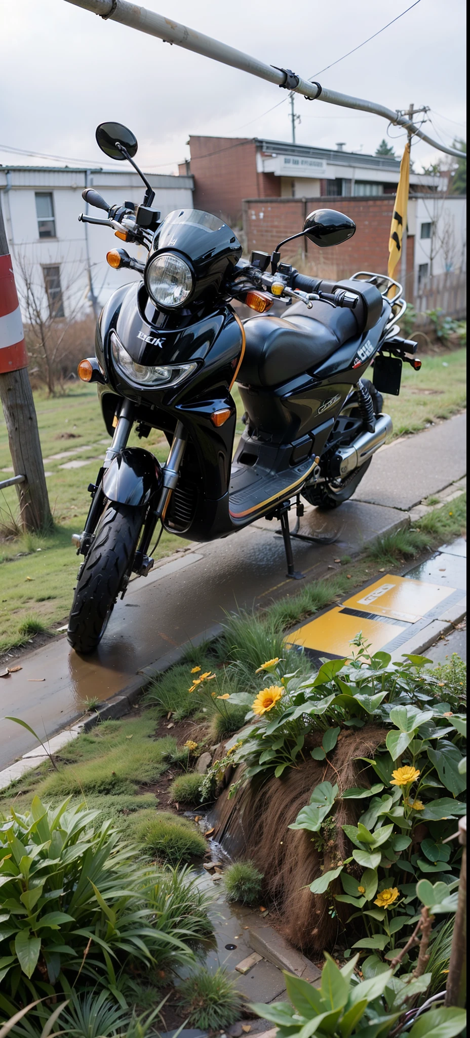 there is a motorcycle parked on the side of the road, front side full, motorcycle, moped, full device, front side, sideview, motorbike, by I Ketut Soki, unreal ungine 5, very beautiful masterpiece, front, frontal picture, very low quality, by Bernardino Mei, sleek head, angle view, very clear picture, (high detailed skin:1.3), (photorealistic:1.3), ultra-detailed, (high detailed skin:1.2), 8k uhd, dslr, soft lighting, high quality, film grain, Fujifilm XT3, best quality, beautiful lighting