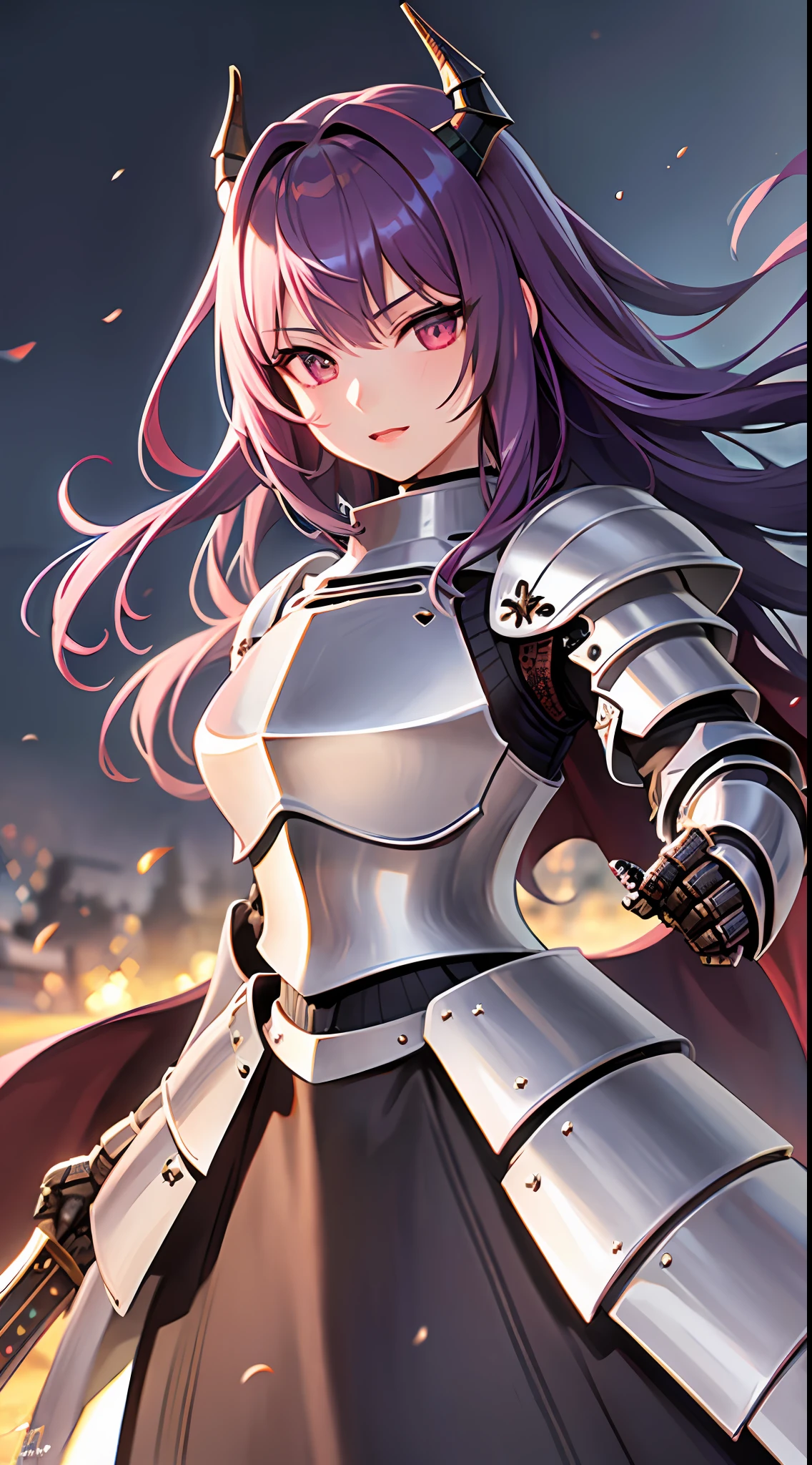 1girl, solo, skirt, (masterpiece), best quality, realistic, hyper-detailed, (shiny skin:1.4), long purple hair, blunt bang hairstyle, red calm eyes, demon horn, slender, dynamic lighting, high resolution, sharp focus, depth of field, (detailed eyes: 1.8), sharp pupils, realistic pupils, (armored knight:1.6), cape, armlet, (holding sword), lord knight, outdoor, sky