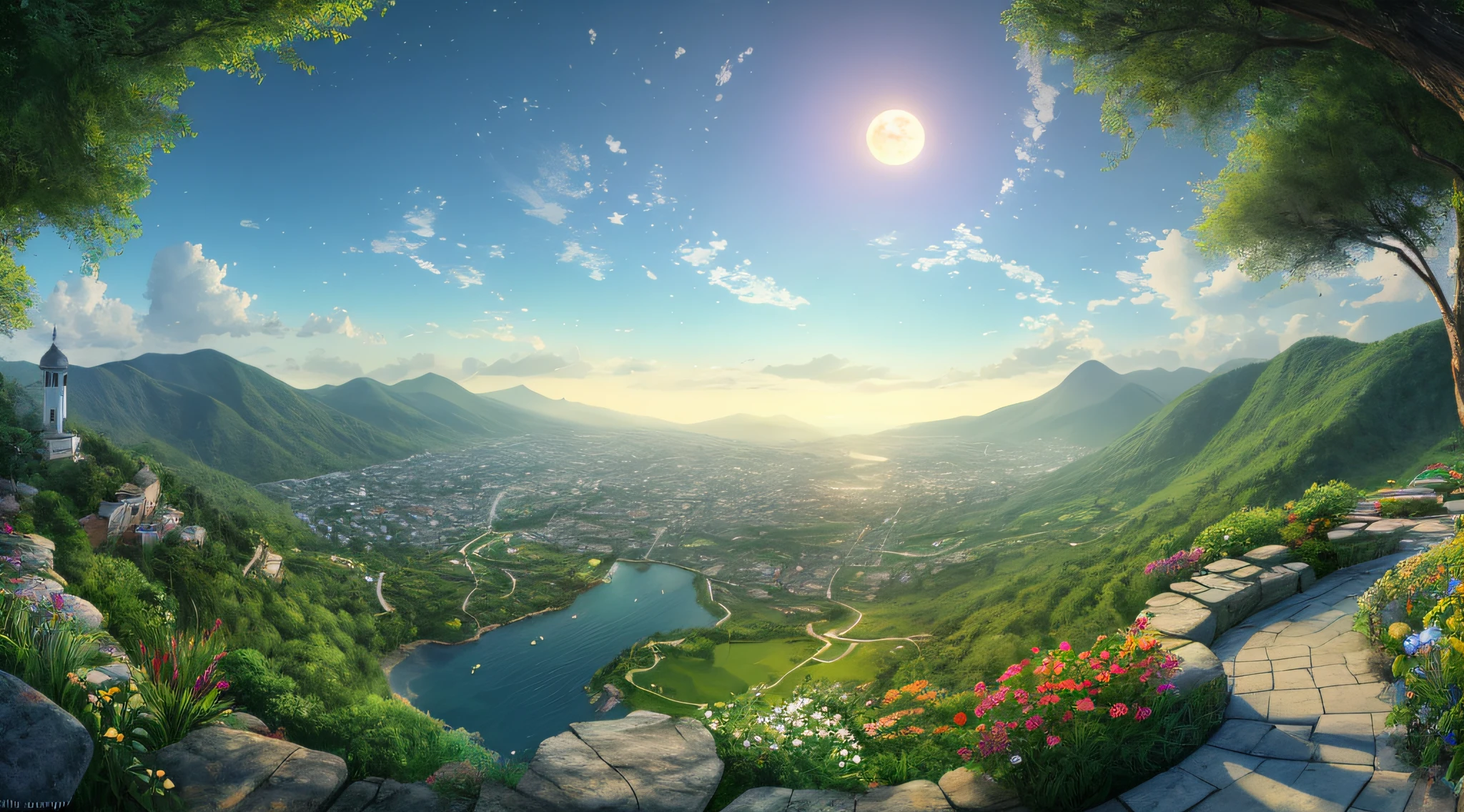 A peaceful place,the night,The moon hangs high,Very pleasant,aestheticly pleasing,serenidade,scenic view。realisticlying,8k uhd,Studio quality,Ultra photo realsisim,max detail,massive scale,post-proces,realisticlying,photographrealistic,photoshop,photography of,A detailed,cinmatic lighting,Soft and bright,scenecy,in a panoramic view,scenecy,Ray traching