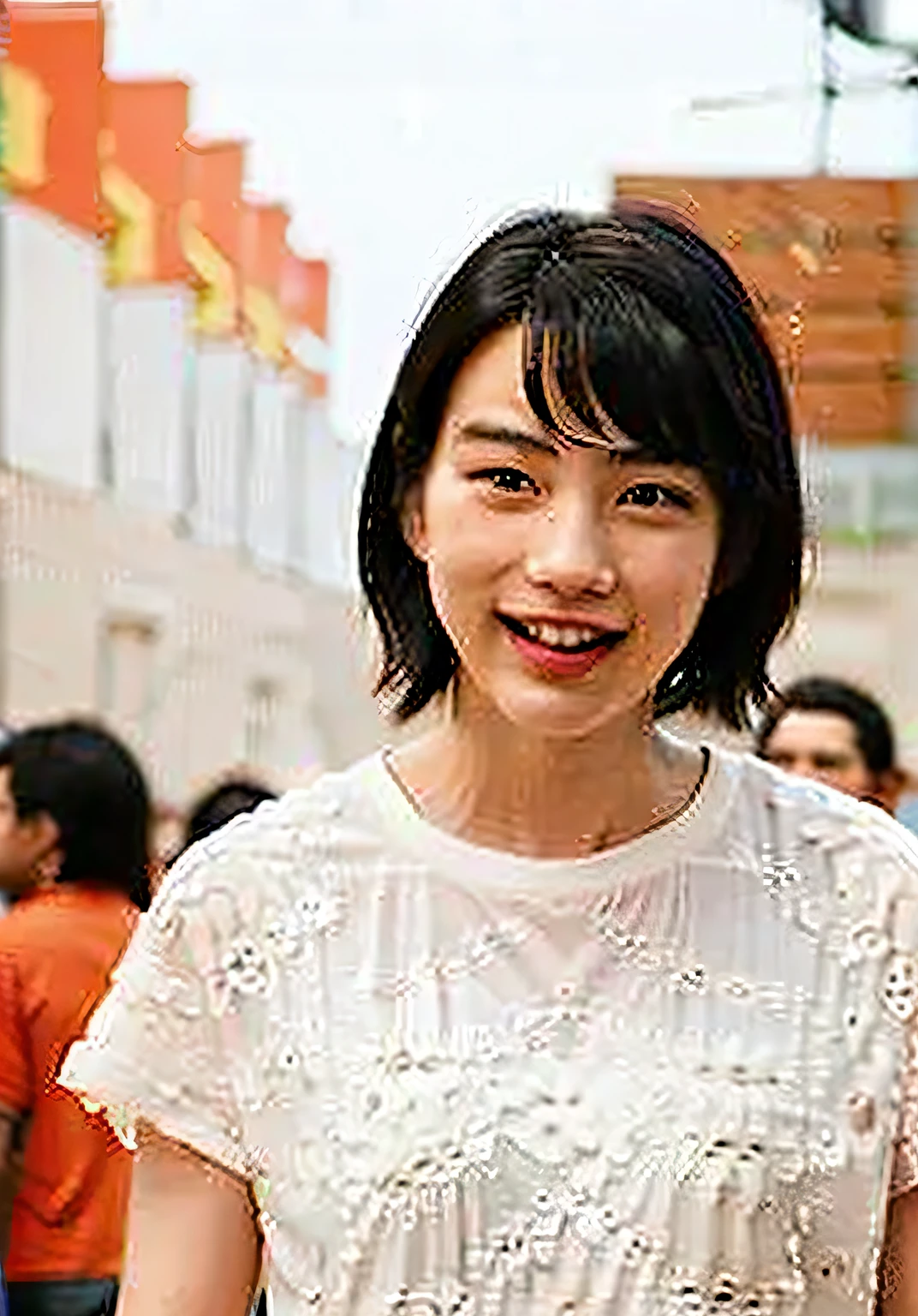 Masterpiece,Best quality,offcial art,Extremely detailed Cg Unity 8K wallpaper,1girll, Love students,pretty,An extremely delicate and beautiful,超高分辨率, (Photorealistic:1.4), ,Golden hour lighting,,(Upper body), (platinum short hair:0.8), ((Puffy eyes)), view the viewer, facing front, Smiling, Laughing,JK skirt, White dress,Shirtlift, Long black hair