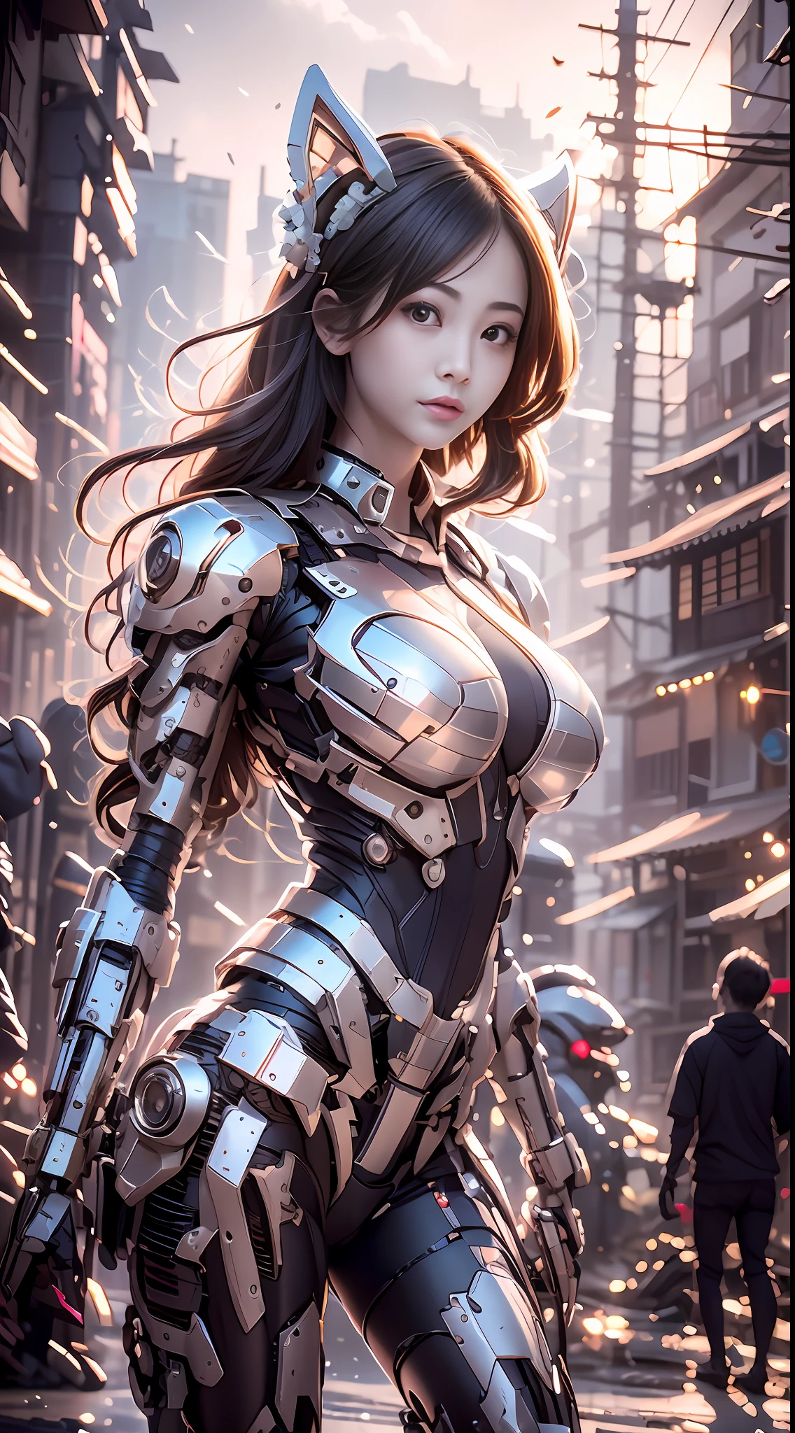 high high quality，8K分辨率，real photograph，A mech girl，long whitr hair，brown  hair，（Large breasts：1.1），ChineseGirl，tight-fitting，nabel，Magnificent，Chinese house，War-damaged ruins，Photo by Brandon Wolfermüster，Surreal dreams，dyna，lute，HDRM professional lighting，photon maping，Radio City，physically-based renderingt，Refined realism，Aray's dynamic and expressive animations，（Sunnyday：1.2），（Afternoon on the street：1.1）。