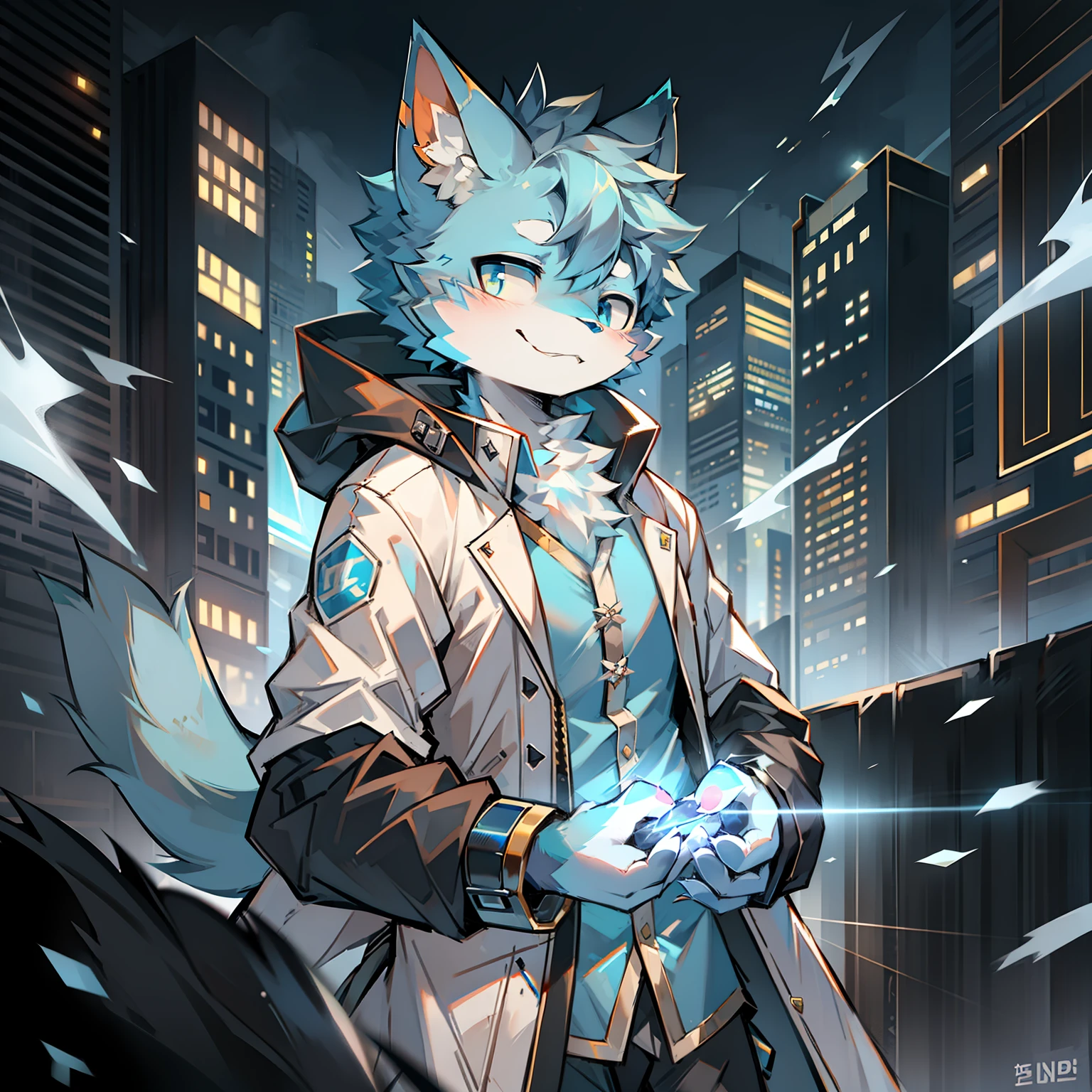 Cybermetropolis,Thunder,drifting snow,Male blue cat,Electronic left eye,Chinese trench coat