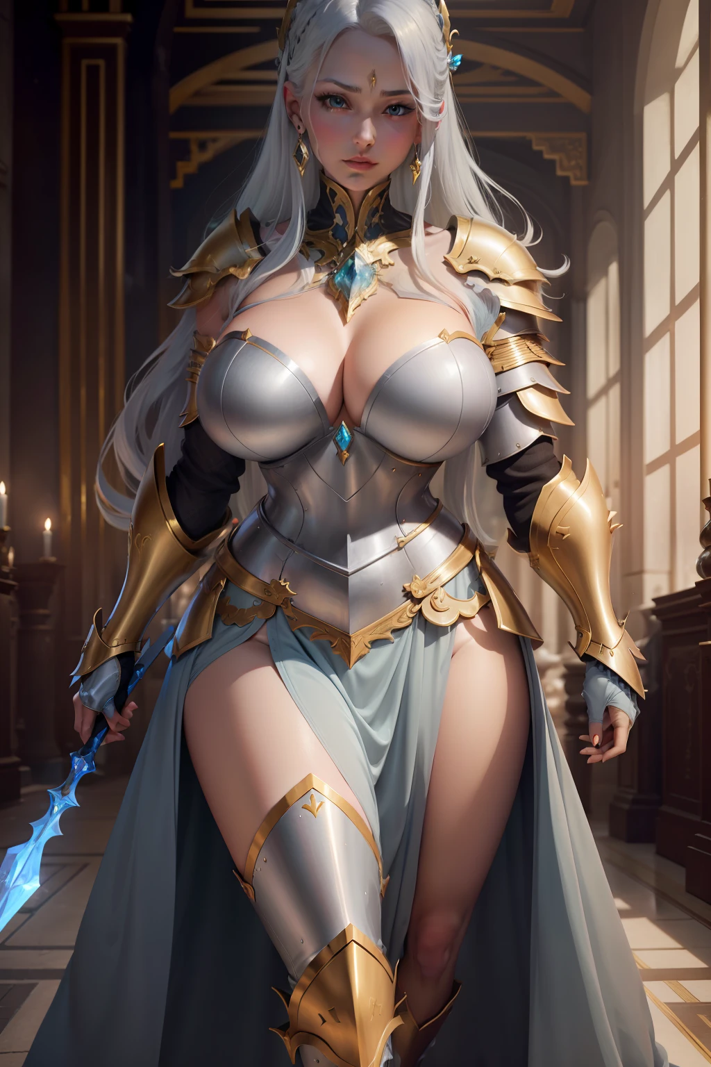 white haired lady，She has B-cup chests，She wears huge and heavy golden knight armor，The armor is very precise and luxurious，The interior is set with blue gemstones，She holds a platinum spear in one hand，Huge skirt armor covered her legs