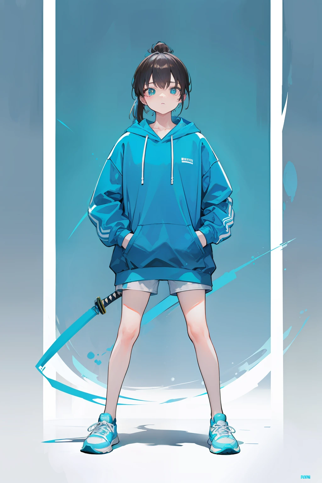 Cyan sweatshirt,hooding,with short brown hair,Bare legged,X-shaped hairpin,Light blue pupils,leg loops,Hand in pocket,Mare,Low ponytail,full bodyesbian,Katana in hand,White sneakers。