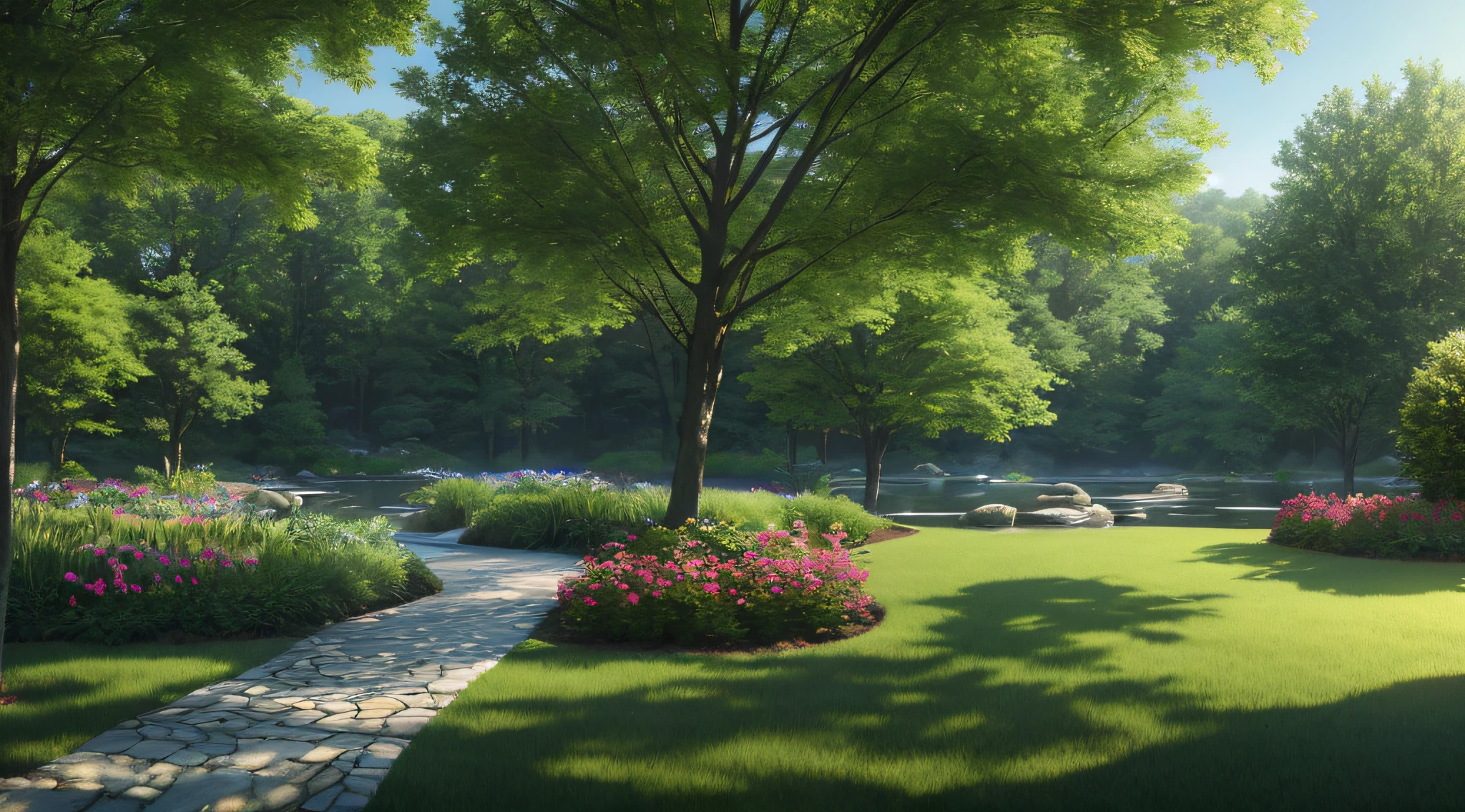A serene place, very pleasant, beautiful, calm and beautifully landscaped. photorealistic, 8k uhd, studio quality, ultra realistic, maximum detail, large scale, postprocessing, photorealistic, photorealistic, photoshop, photography, detailed, cinematic lighting, landscape, panorama, scenery, ray tracing, cinema4d