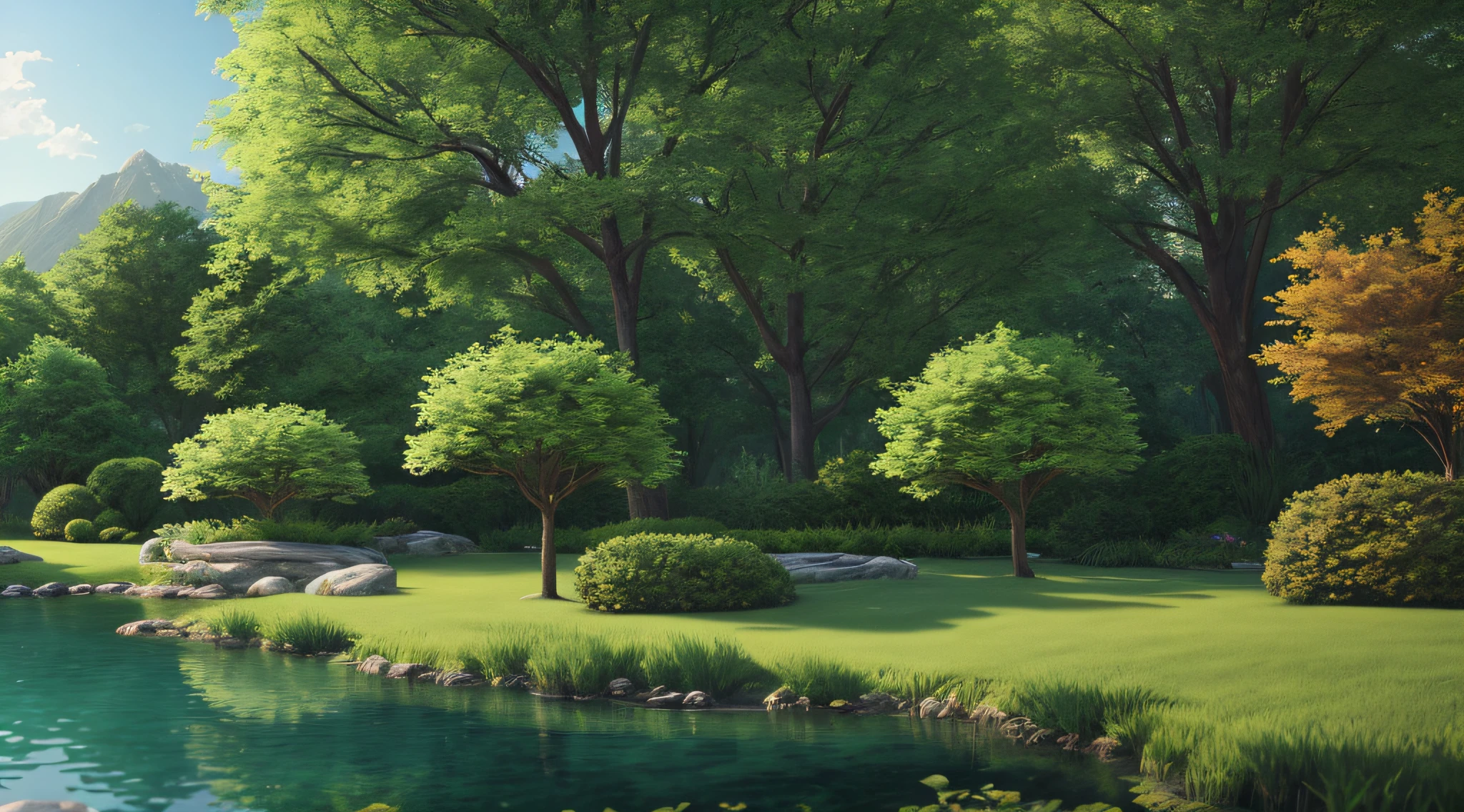 A serene place, very pleasant, beautiful, calm and beautifully landscaped. photorealistic, 8k uhd, studio quality, ultra realistic, maximum detail, large scale, postprocessing, photorealistic, photorealistic, photoshop, photography, detailed, cinematic lighting, landscape, panorama, scenery, ray tracing, cinema4d